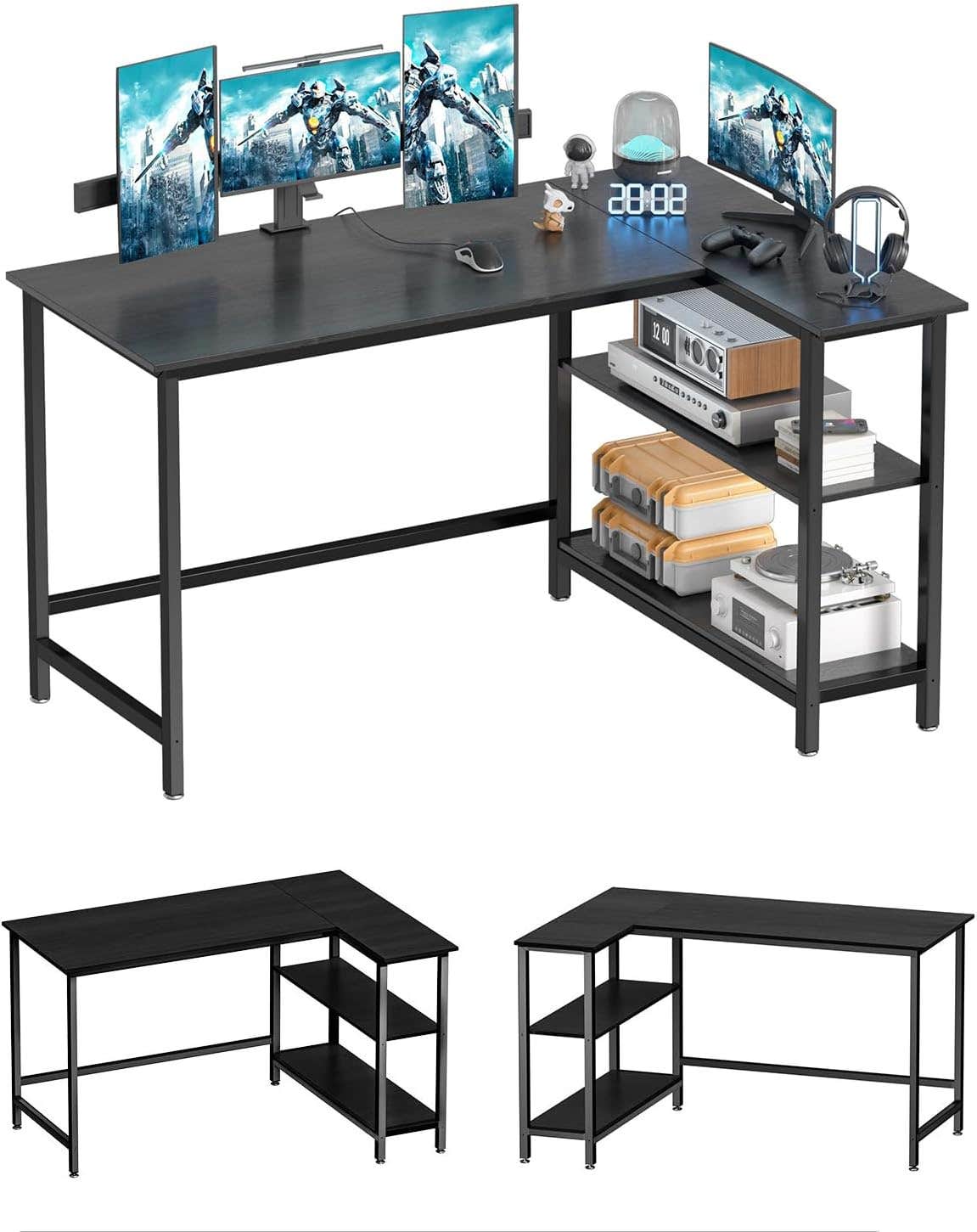 WOODYNLUX L Shaped Gaming Desk with Shelf - Black, Home Office Corner Table