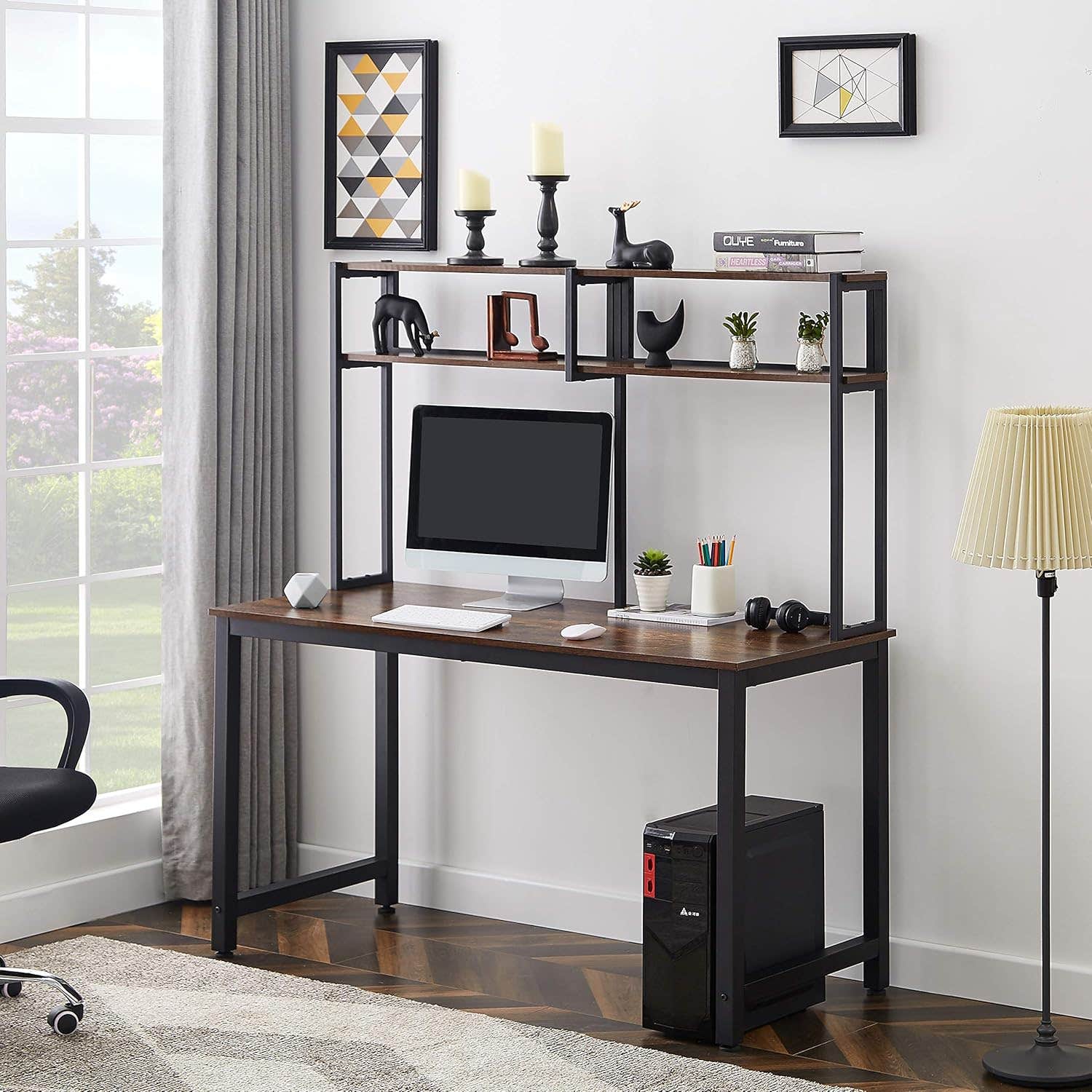 Merax Desk with 4-Tier Storage Shelves, Laptop Study Office Workstation, Adjustabel Foot Pads, Rustic Table, Brown