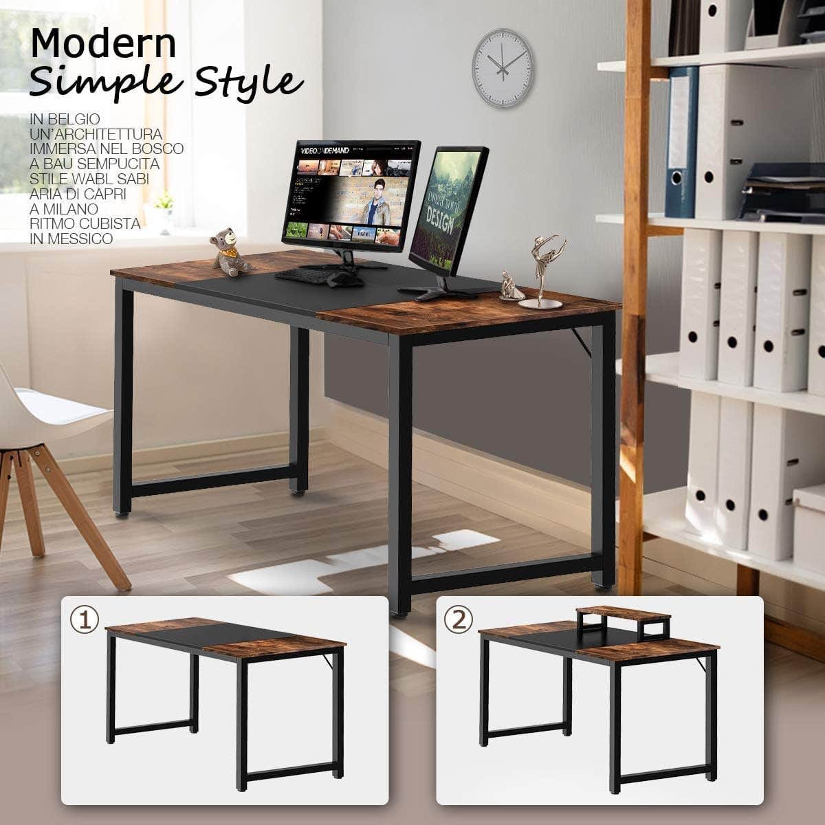 I Shaped Computer Desk with Removable Monitor Stand, 47in, Black Brown