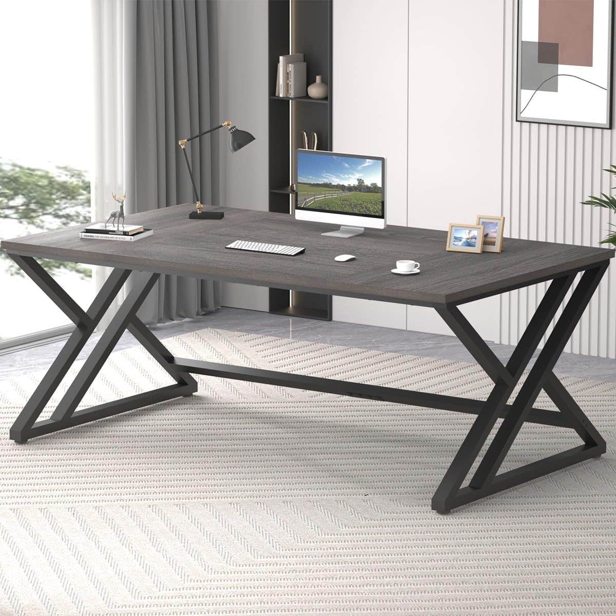 LVB Industrial Rustic 70" Computer Desk, Dark Gray Oak
