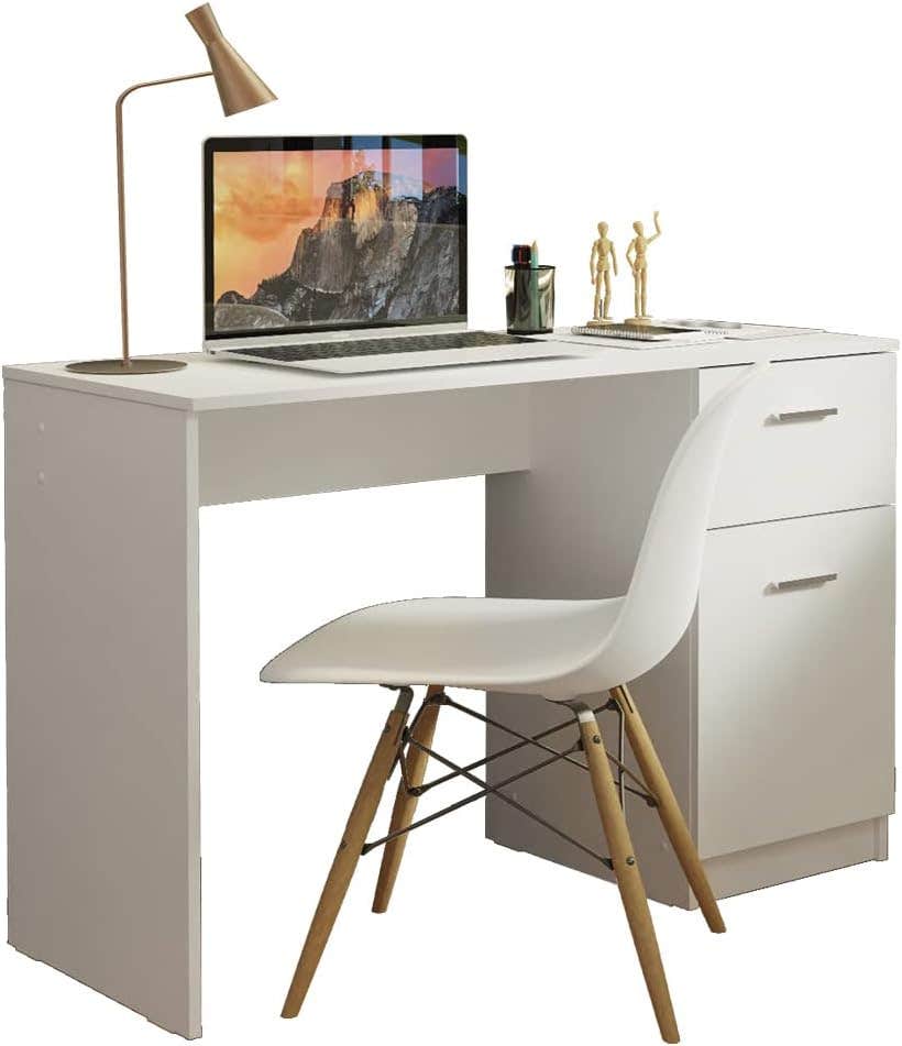 Madesa Compact White Computer Desk with Drawer and Door - Modern Design, Cable Management