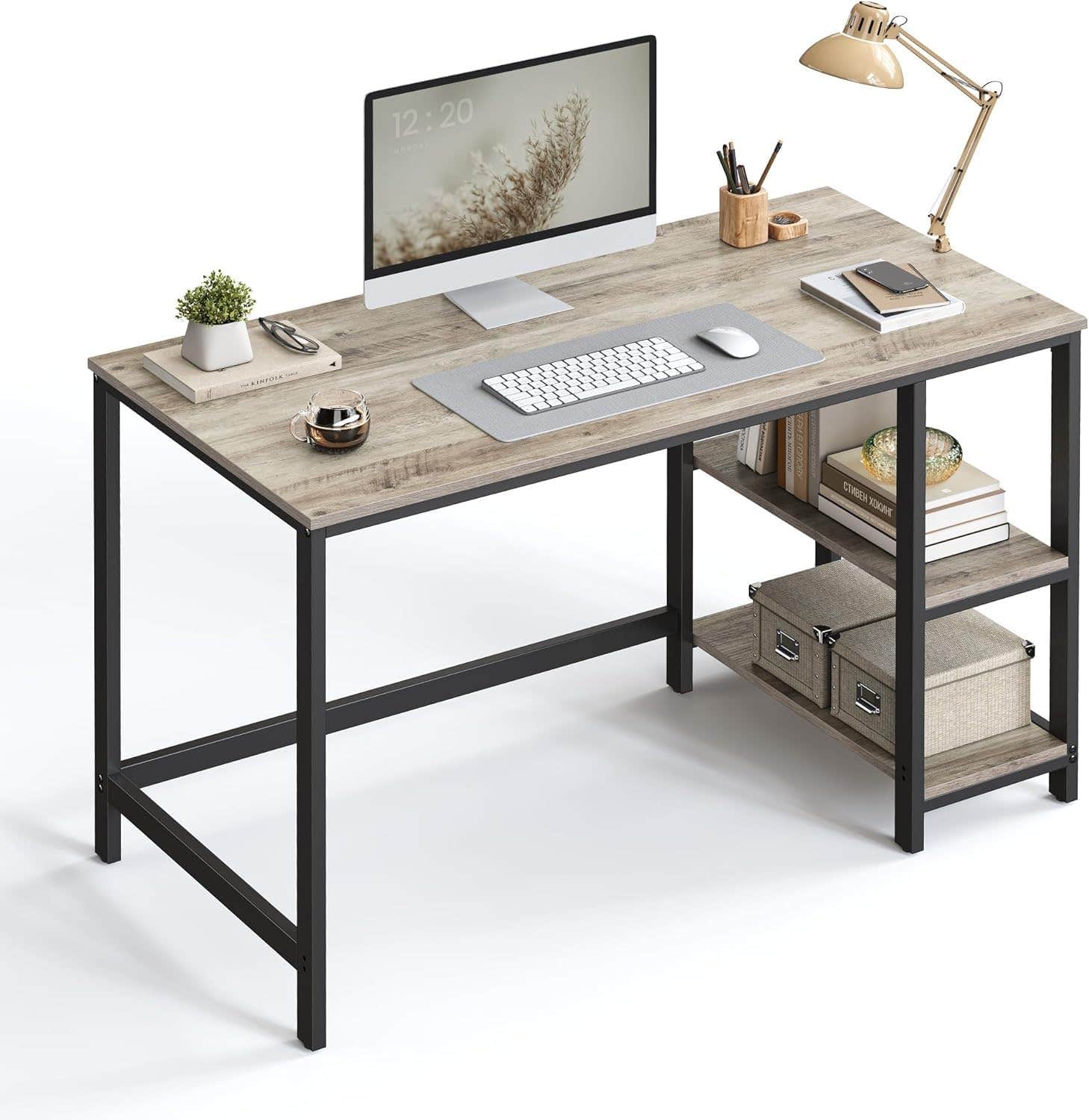 Computer Desk with Storage Shelves, Black Metal Frame, Wood Top Modern Industrial Design, Ideal for Home and Office