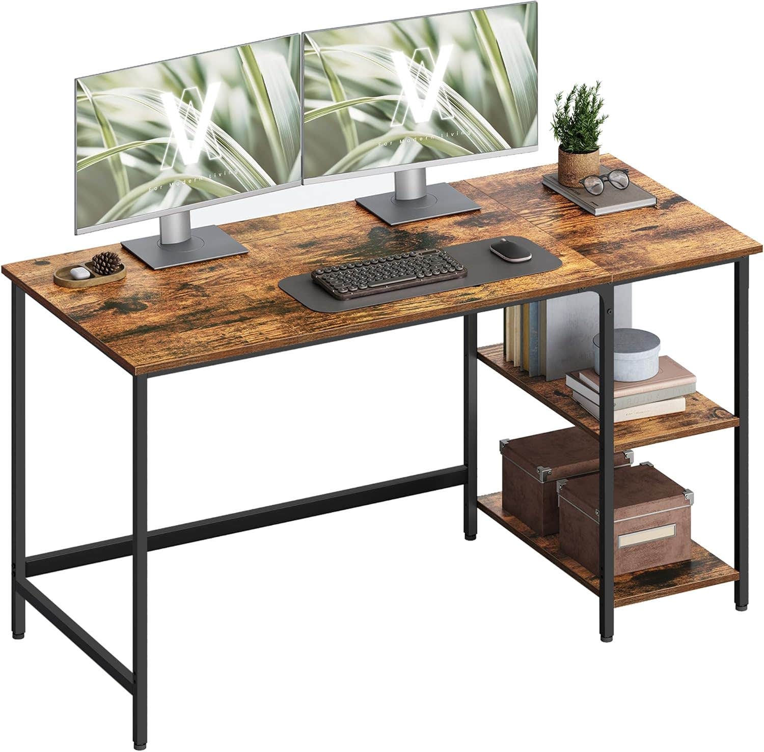VASAGLE Industrial Computer Desk with Shelves, Rustic Brown/Black, Steel Frame