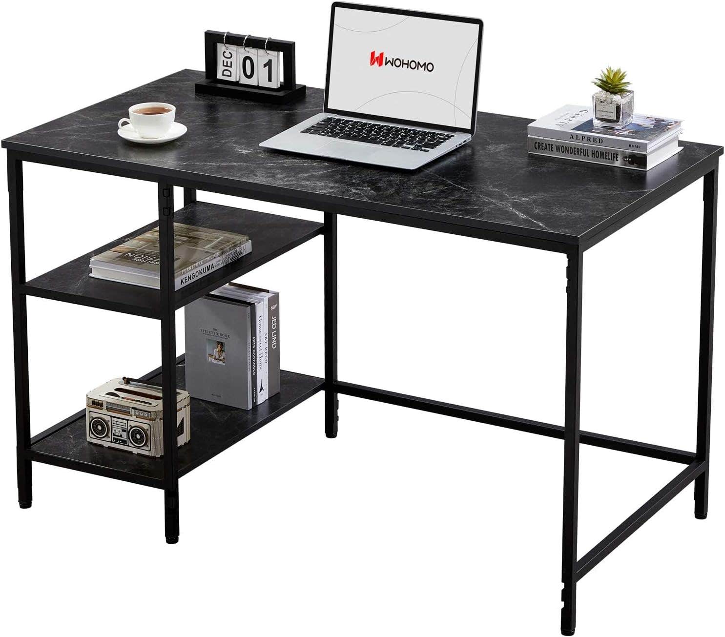 WOHOMO Black Marble Computer Desk with Reversible Shelves