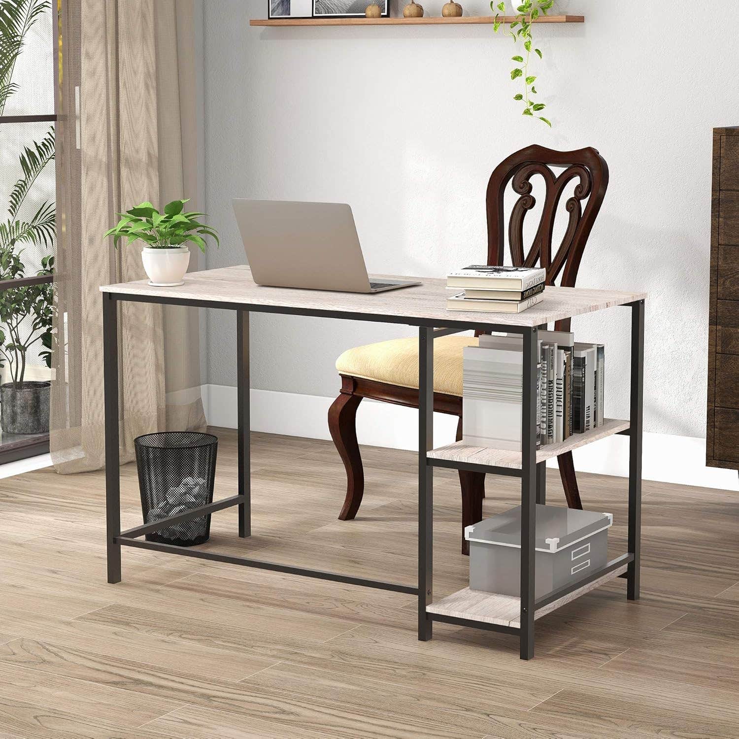 FOUBAM Computer Desk with Solid Wood and Metal Frame, Study Table, Black+Natural White