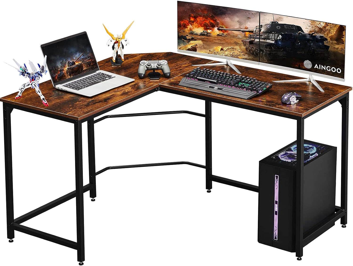 Aingoo Corner Desk L Shaped Desk Sturdy Home Office PC Laptop Workstation Gaming Computer Desk Study Writing Table 128 * 108 * 75CM Easy to Assemble Simple Design,Rustic Brown