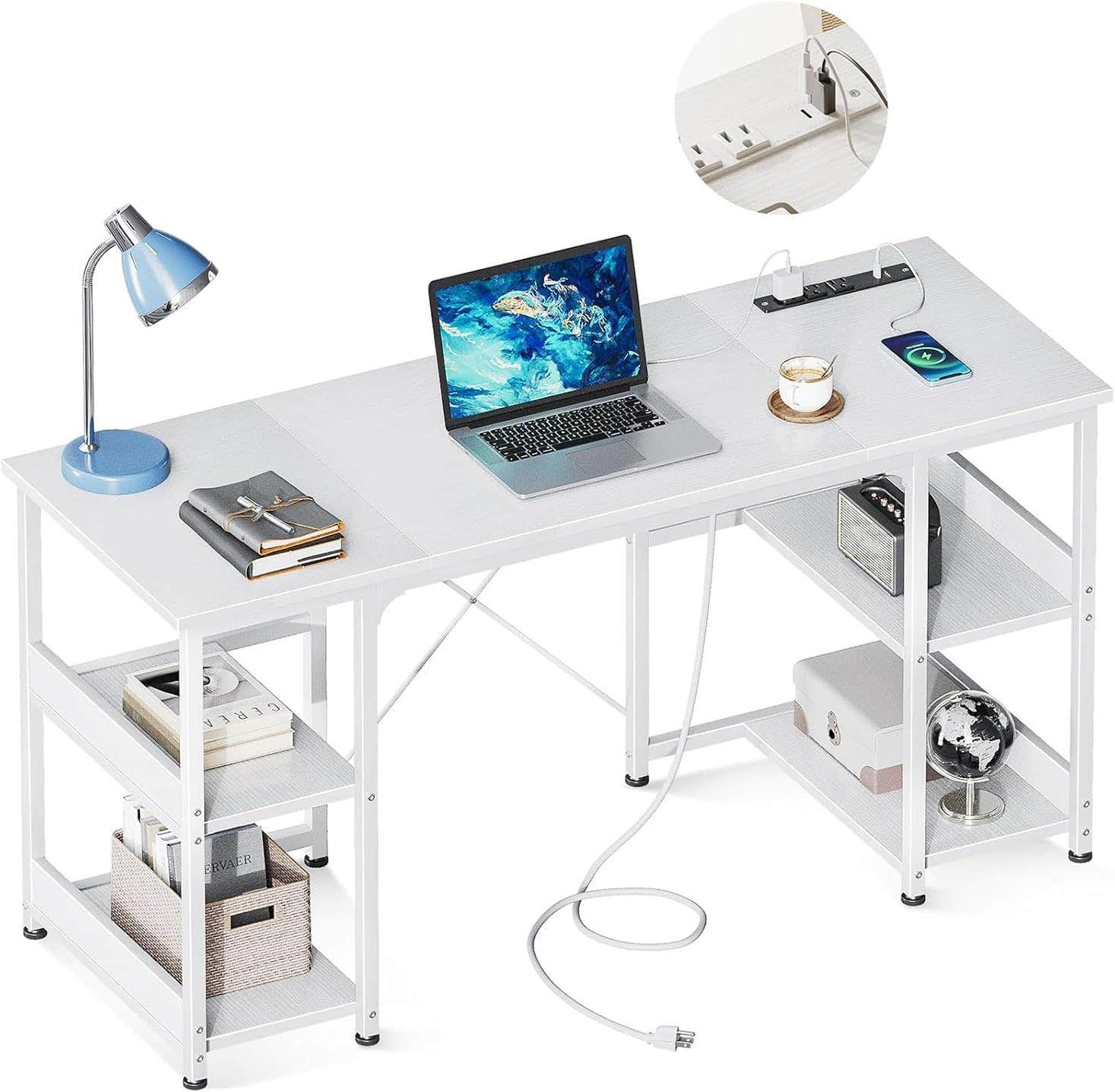 AODK 48" Computer Desk with Power Outlets, USB Charging Port & Storage Shelves - White
