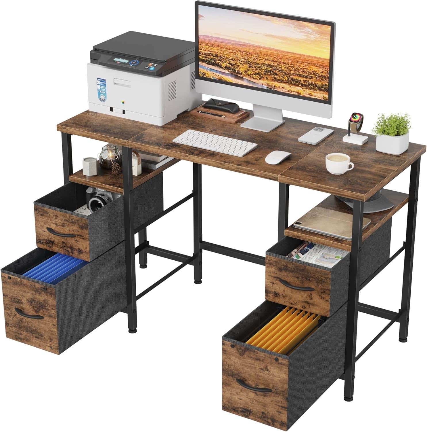 YAOHUOO 47'' Rustic Brown Office Desk with 4 Fabric File Drawers