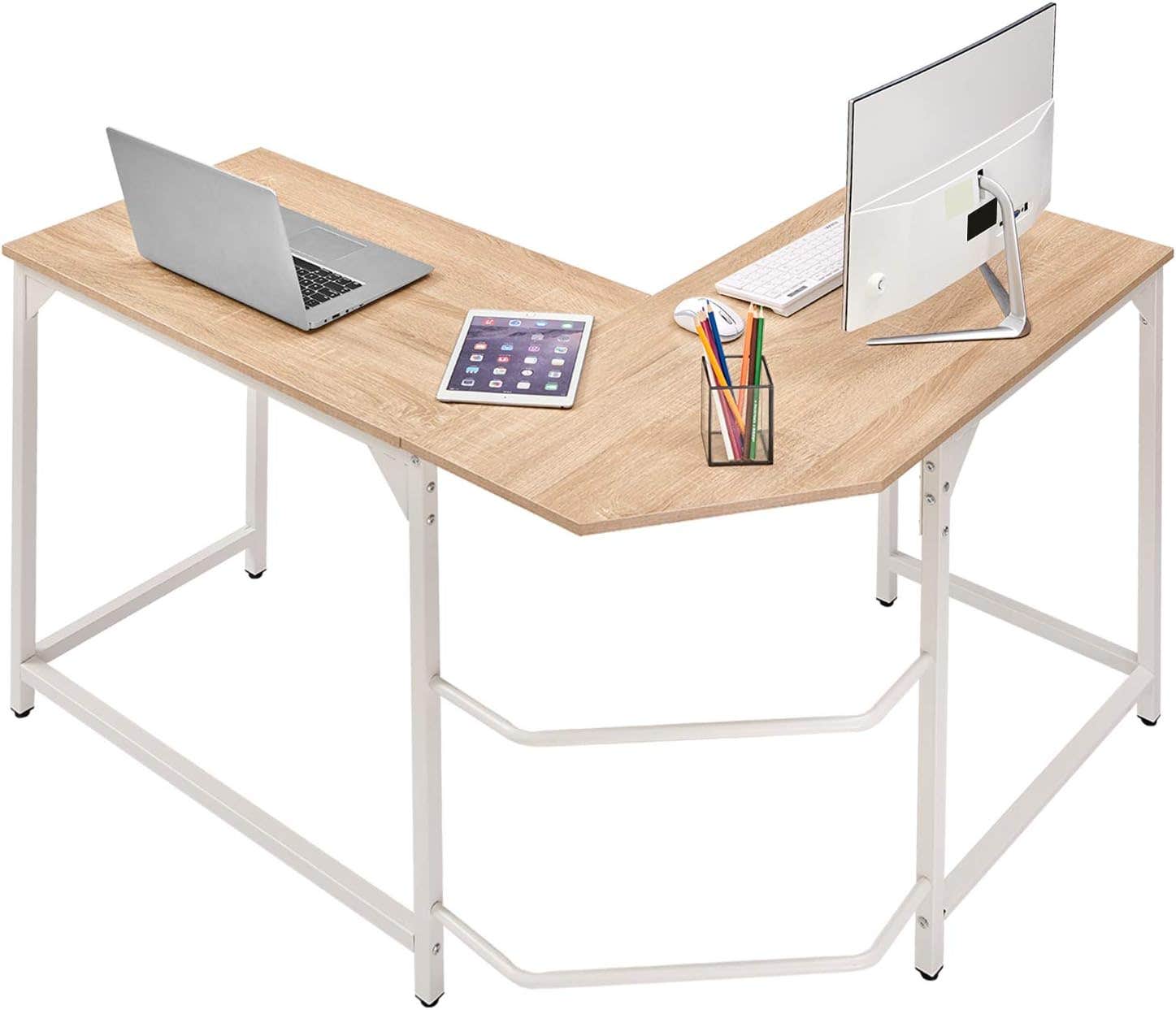 Aingoo L-Shaped Corner Desk | Sturdy Home Office Workstation | Gaming Computer Desk | Easy Assembly | Beige & White