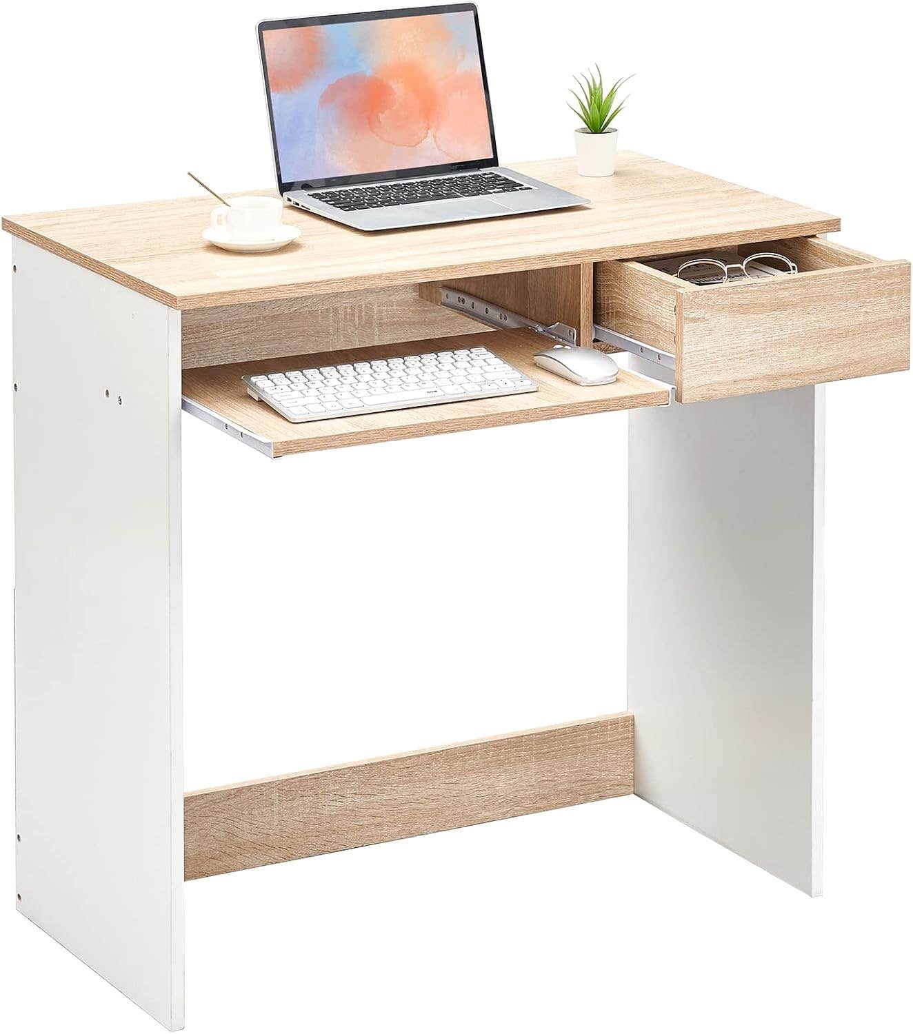 Coavas Modern Computer Desk with Cupboard Drawers and Keyboard Tray - Oak & White, 80x45x75cm