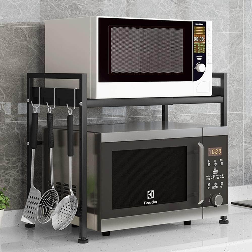 Peniogar 2-Tier Adjustable Microwave Oven Rack, Black Carbon Steel, Countertop Stand