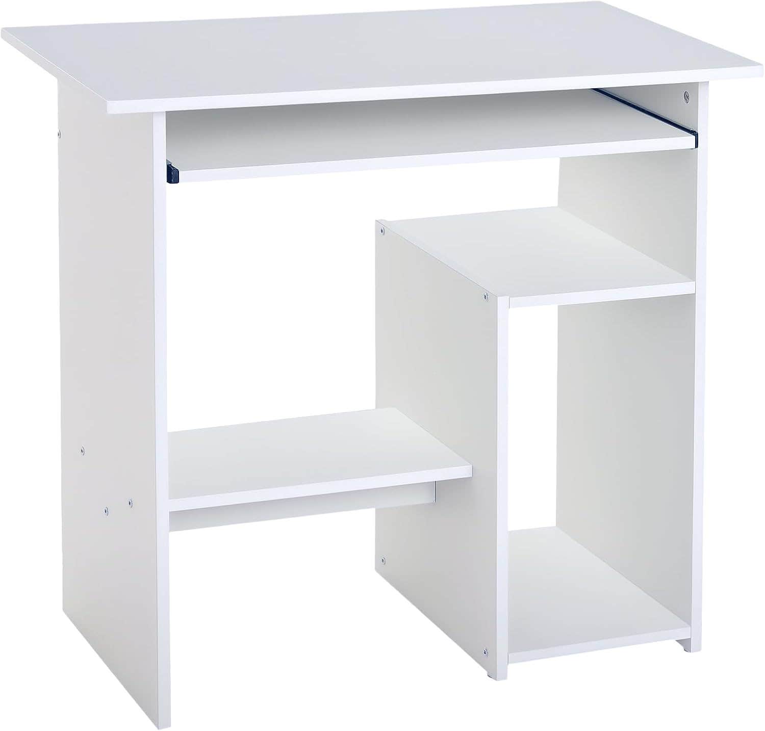 HOMCOM Compact Small Computer Table Wooden Desk Keyboard Tray Storage Shelf Modern Corner Table Home Office White