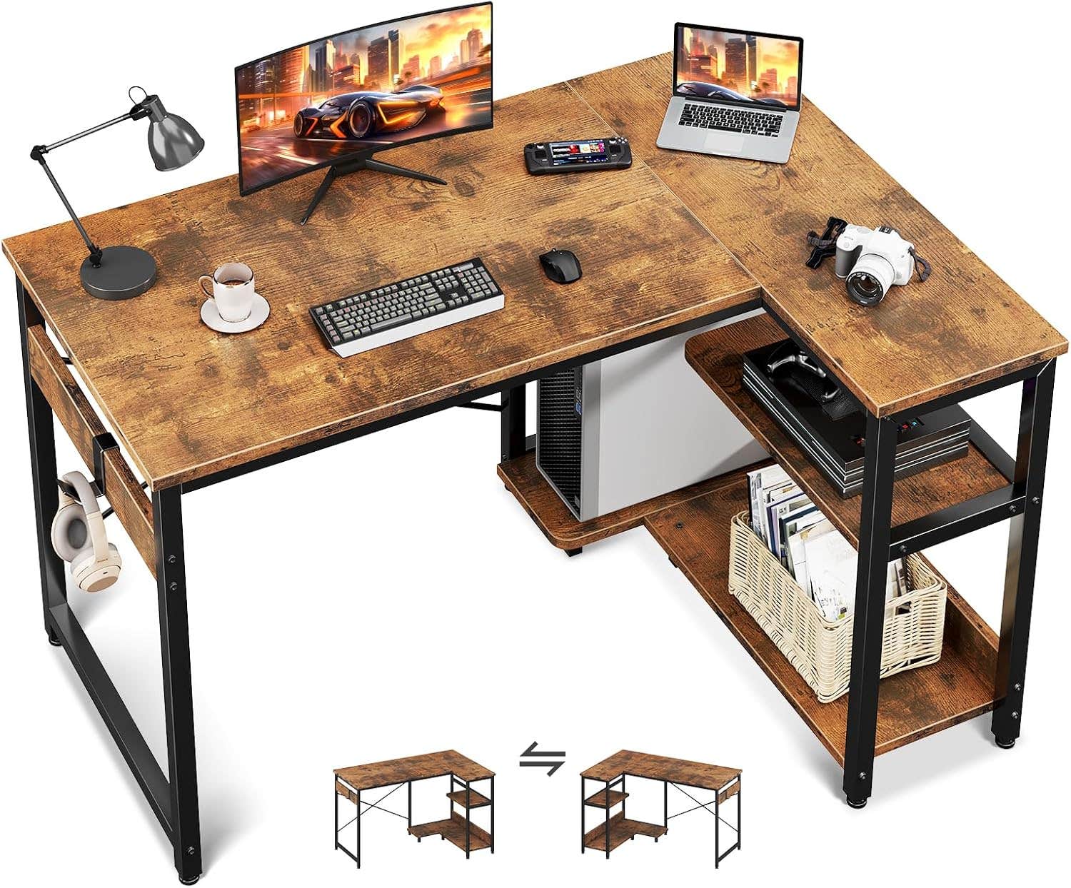 Casaottima L-Shaped Computer Desk with Storage Shelves & PC Stand - Modern Vintage Study Table