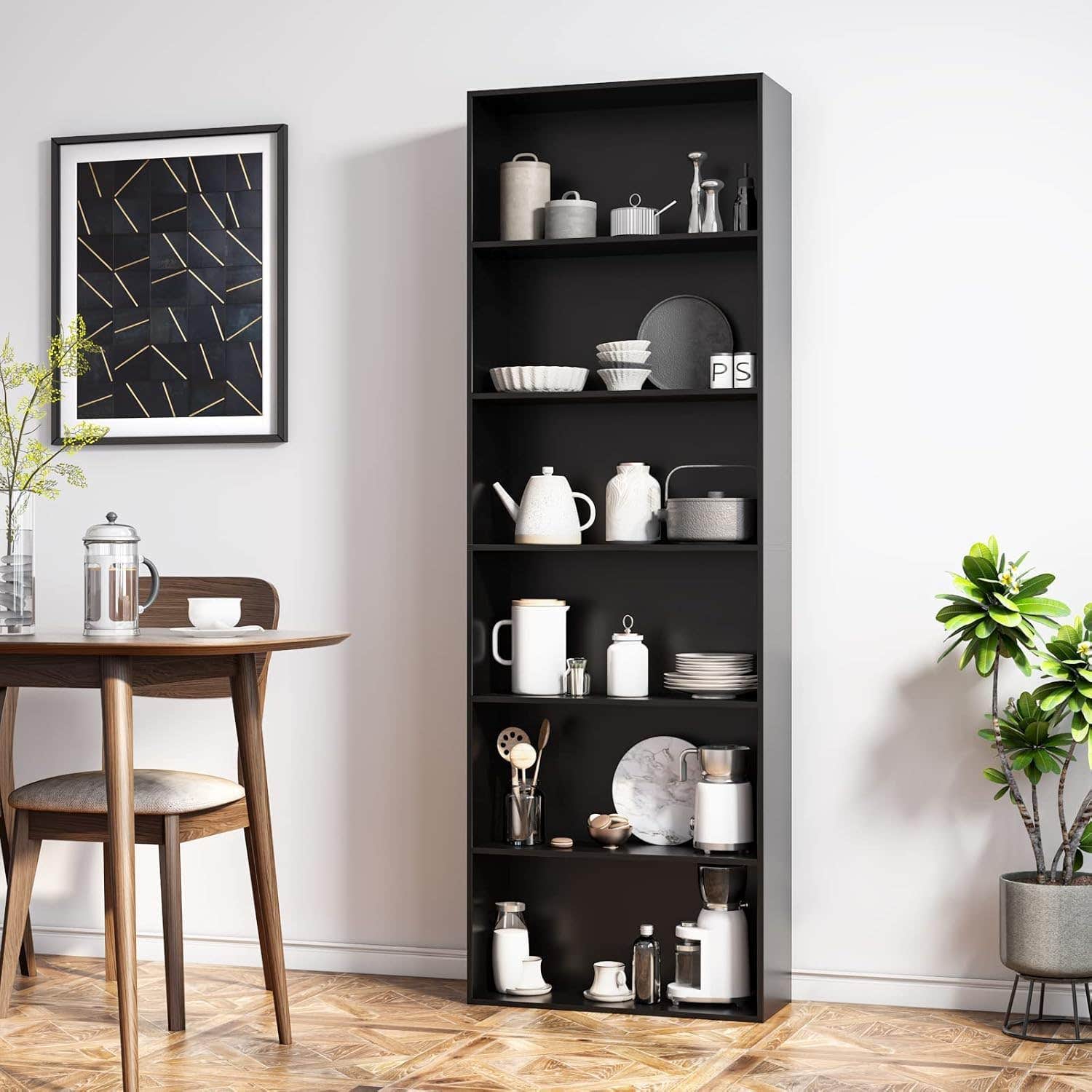 Homz Wooden Bookcase with 6 Compartments, Space Saving Storage Shelf, 180cm - Black