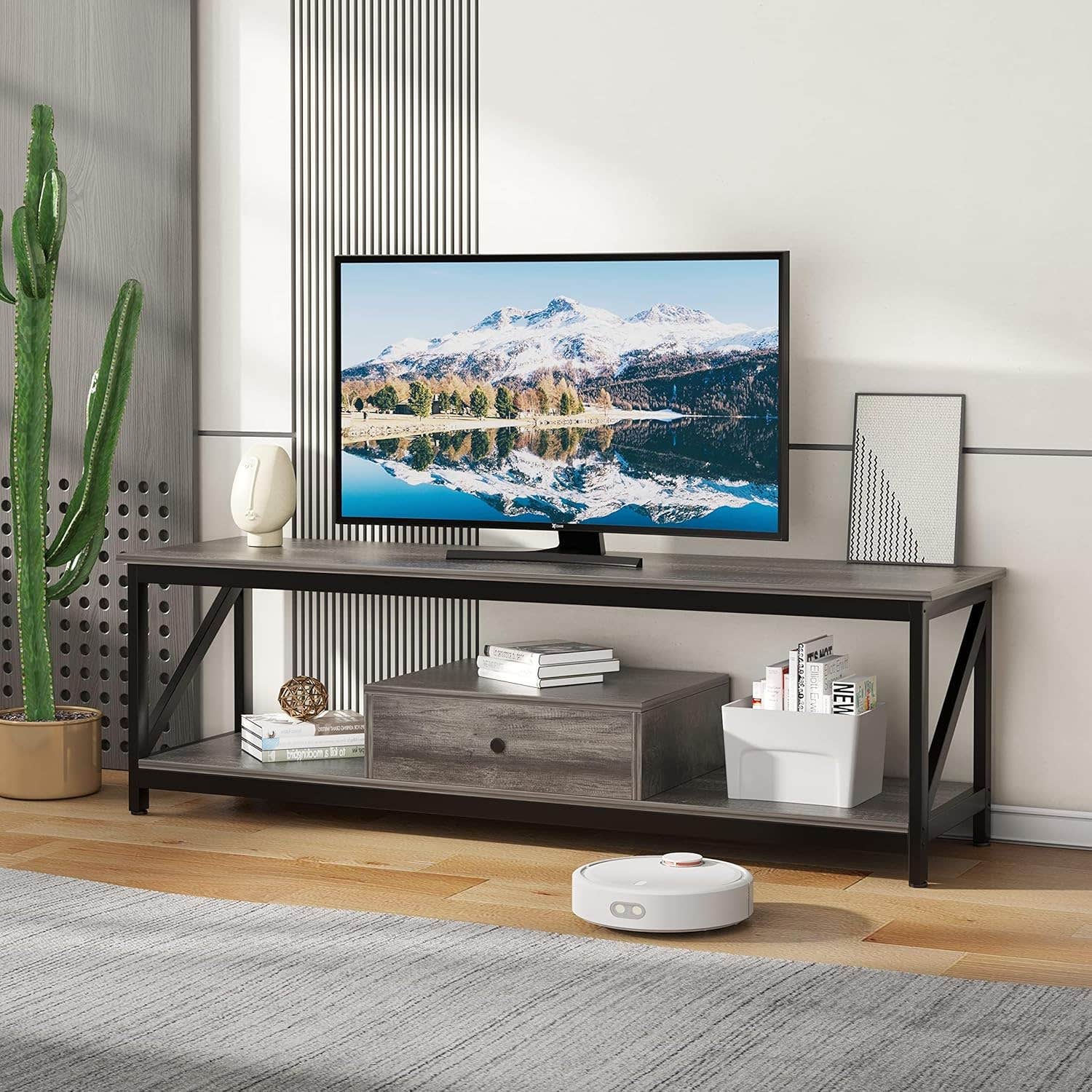 Modern Grey TV Stand with Drawer & Storage Shelves | 140cm Wide Sturdy Wooden Console Table