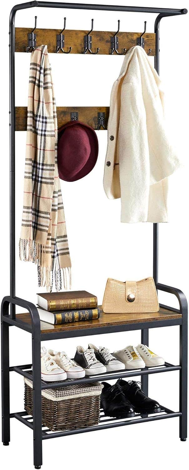 Yaheetech Coat Rack, Coat Stands for Hallway with Bench, Entryway Shoe and Coat Rack Storage, 183cm Height Hall Tree with Shoe Bench, 23 Hooks, Rustic Brown