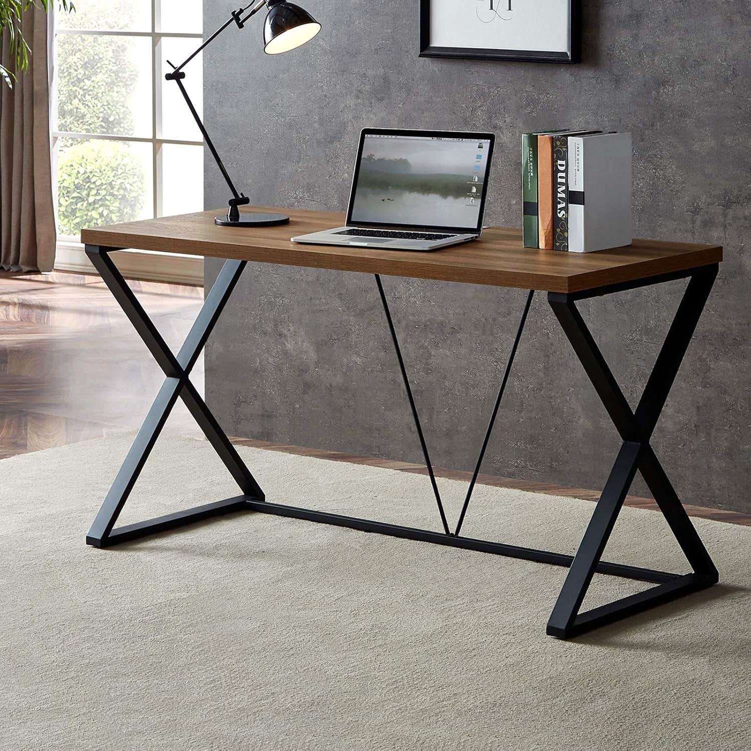 DYH Rustic Wood Computer Desk, 55 inch Industrial Writing Table
