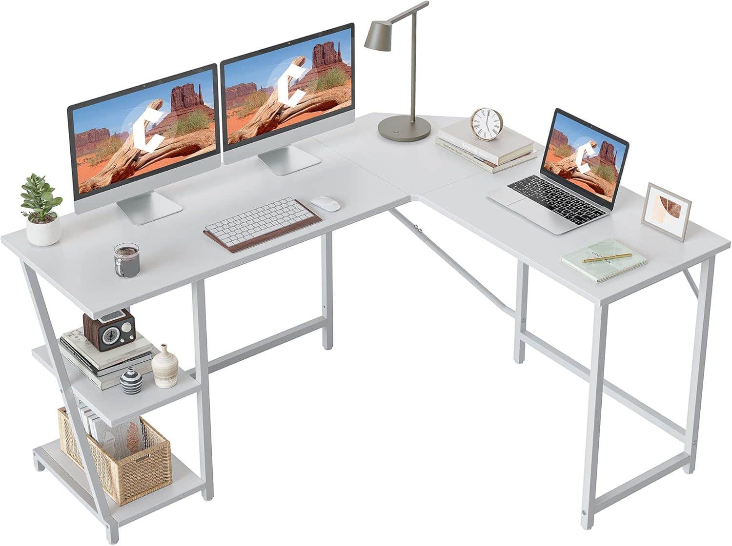 CubiCubi L-Shaped Industrial Office Desk with Storage Shelves - White, Adjustable