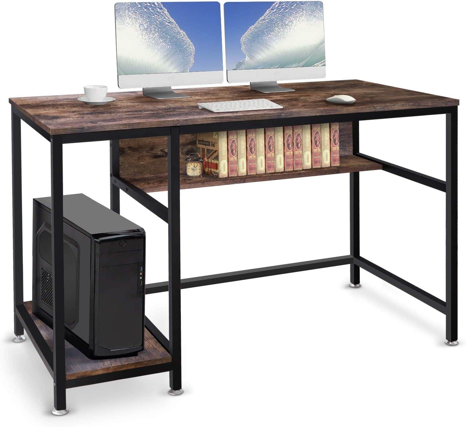 AUTOXEL 47" Brown Gaming Computer Desk with Storage Shelf - Scratch Resistant