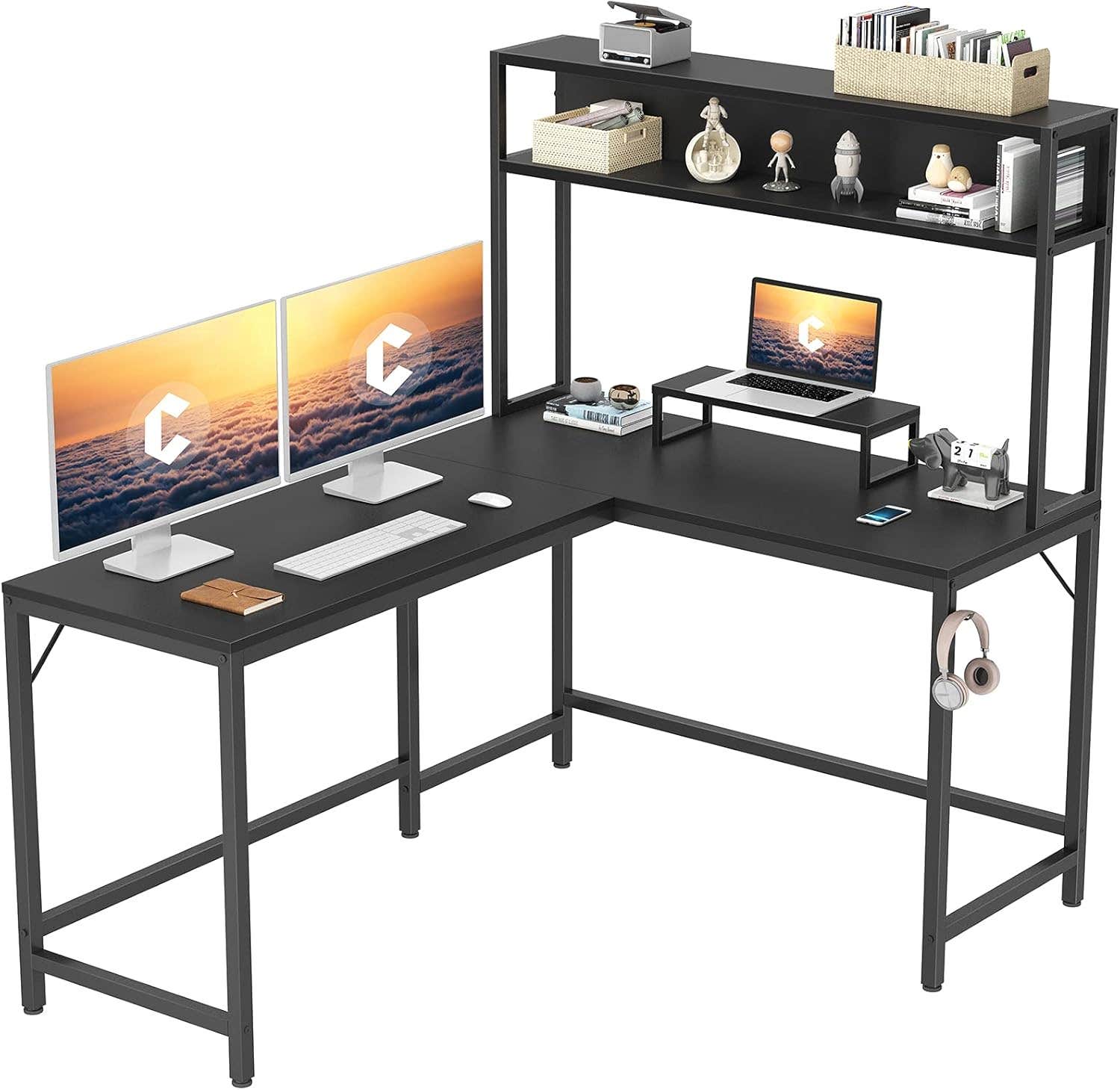CubiCubi L-Shaped Gaming Desk with Storage Hutch - Black