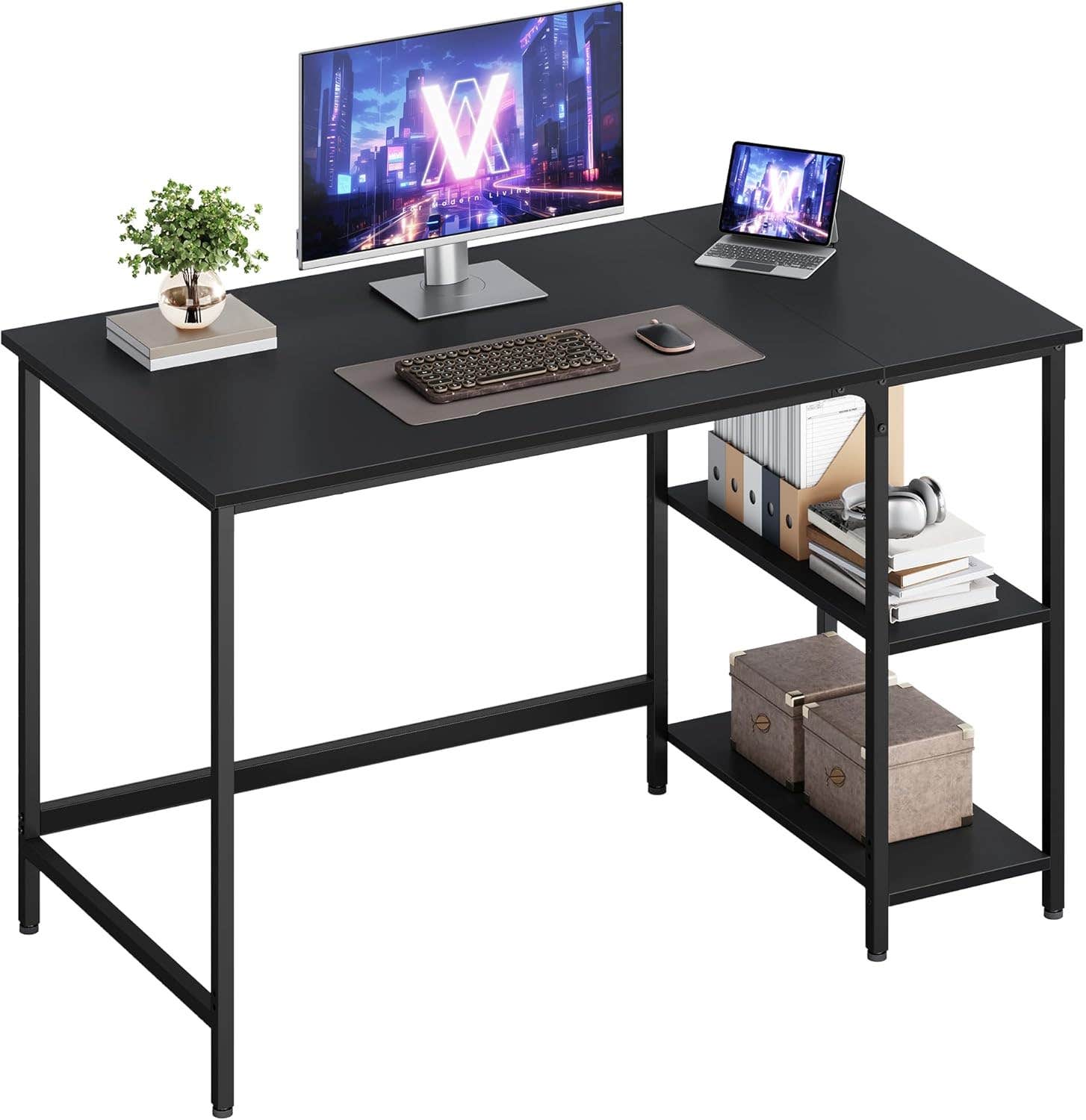 VASAGLE Industrial Computer Desk with 2 Shelves, Black, Steel Frame