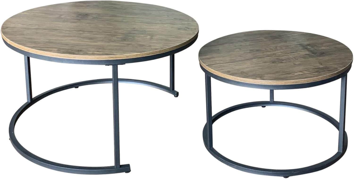AT-VALY Round Nesting Coffee Tables Set, Black & Antique Wood - Space Saving Design
