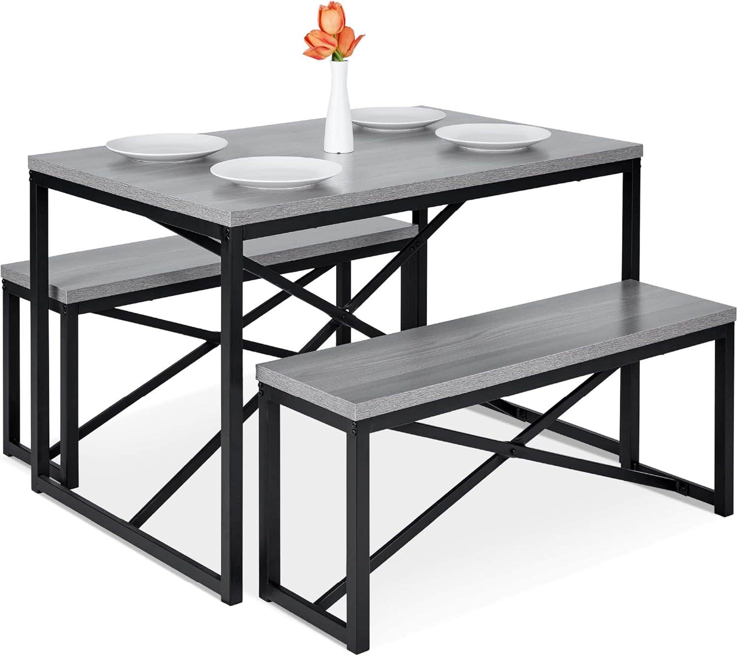 Best Choice Products 3-Piece Dining Set, Space-Saving Bench Style for 4, Gray/Black