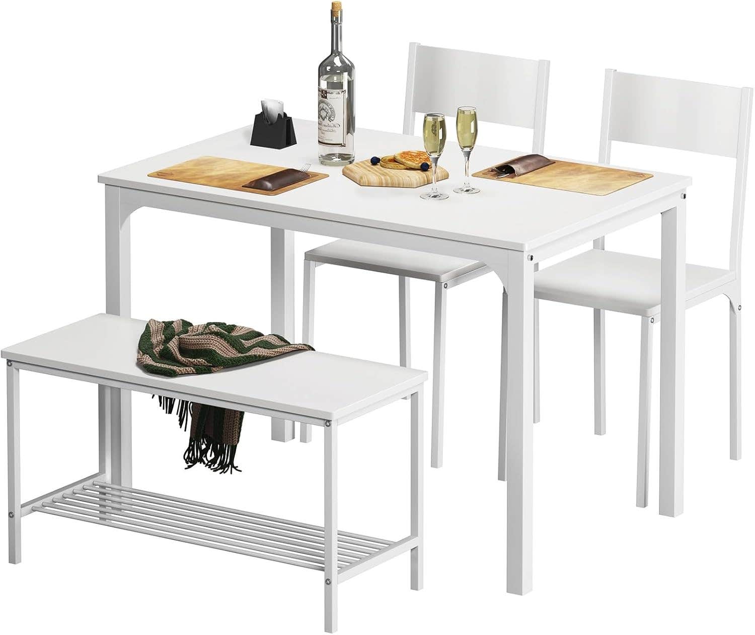 soges 4-Piece Dining Table Set with Chairs, Bench & Storage Rack - White, Modern Style