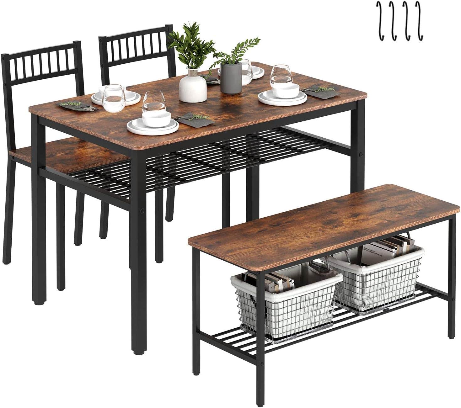 Rustic Brown Dining Table Set for 4 with Storage Racks & S-Hooks