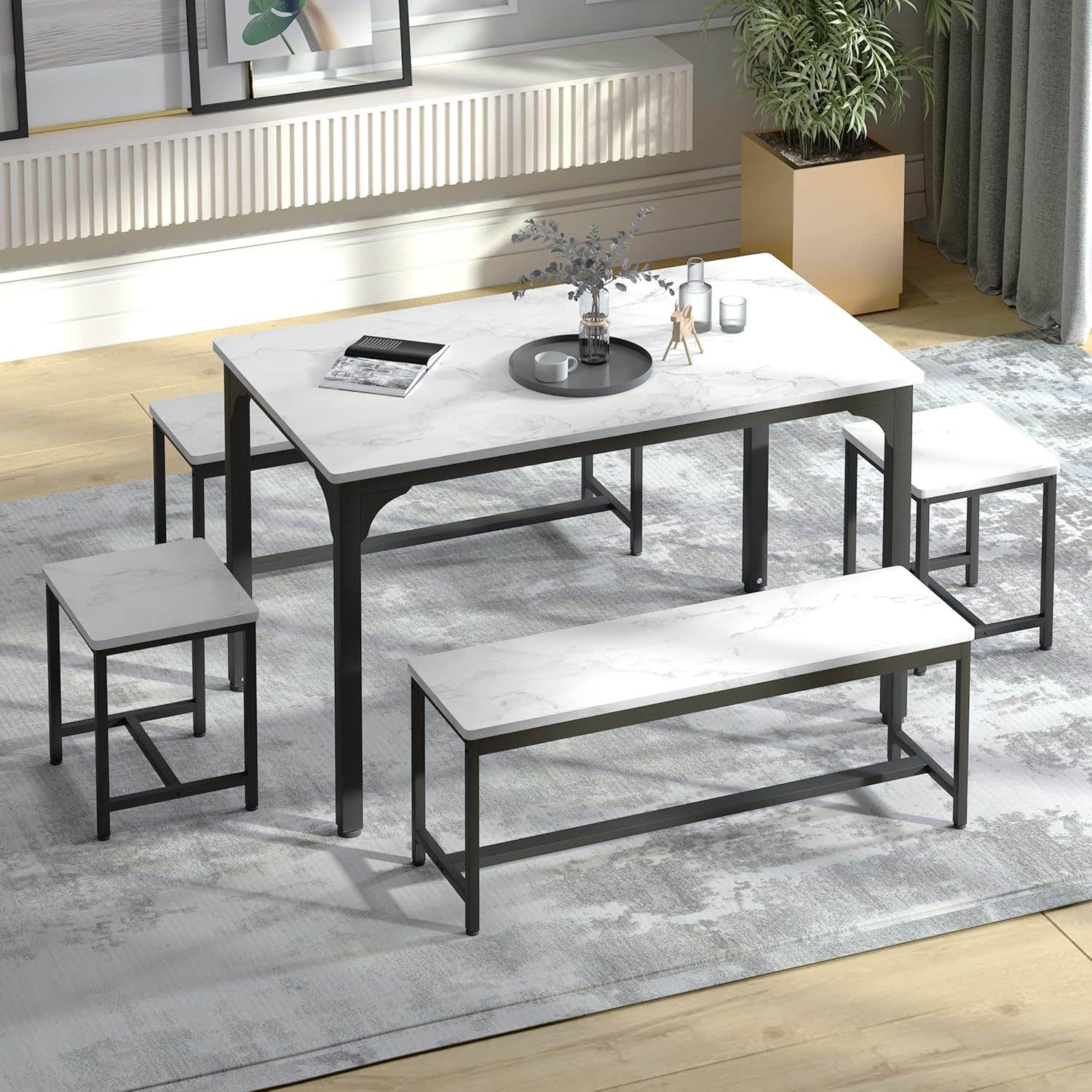 WiberWi 5-Piece Rectangular Dining Table Set for 6, Faux Marble Top