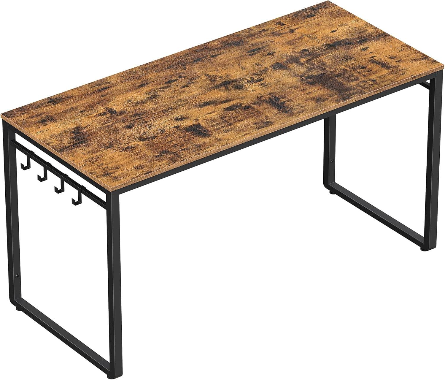 VASAGLE Computer Desk with 8 Hooks, Industrial Design, Rustic Brown and Black, 140x60x75cm
