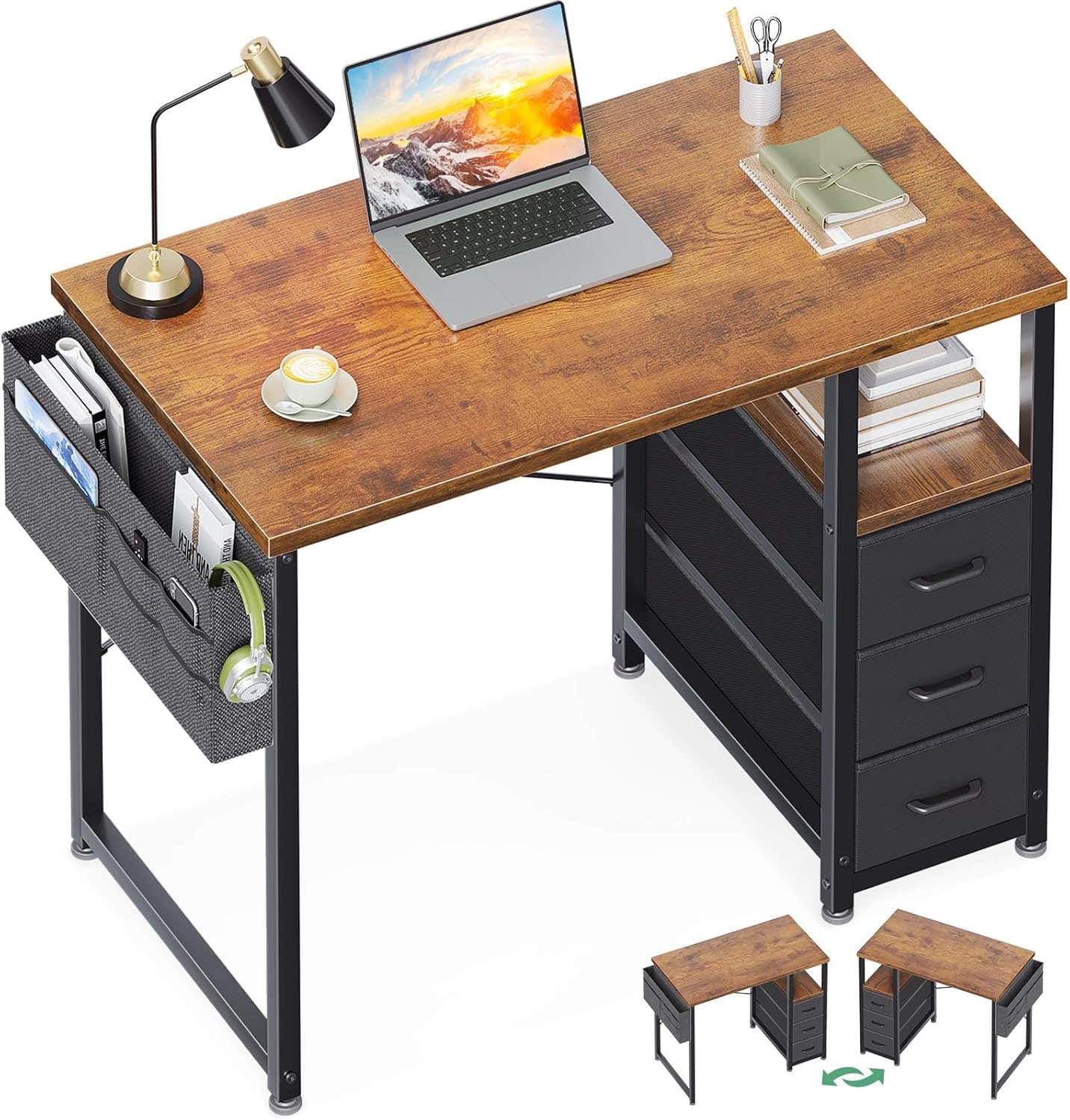 AODK Small Computer Desk with Fabric Drawers & Storage - Vintage