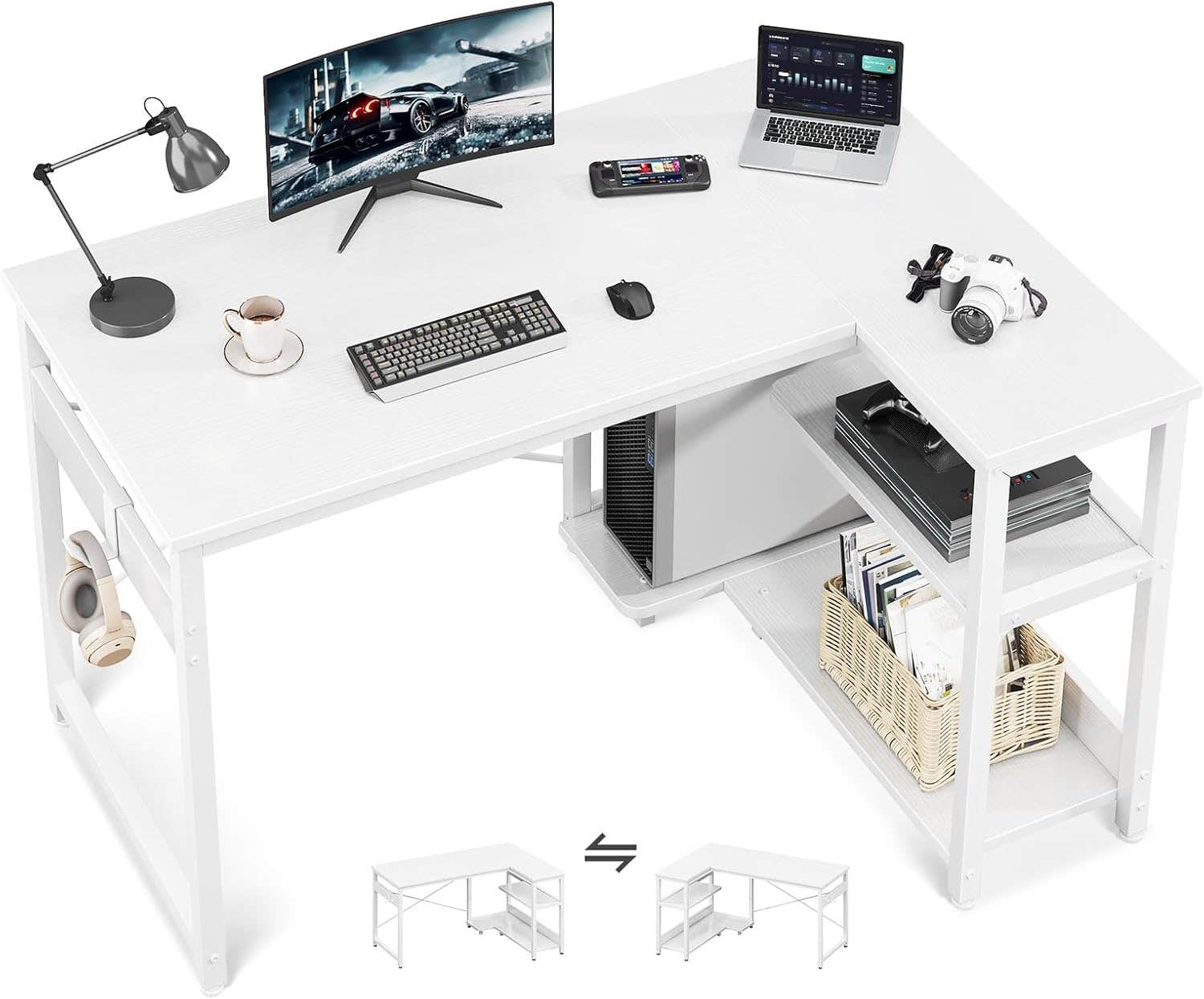 Casaottima L Shaped Computer Desk with Storage Shelves, White, Modern Writing Study Table