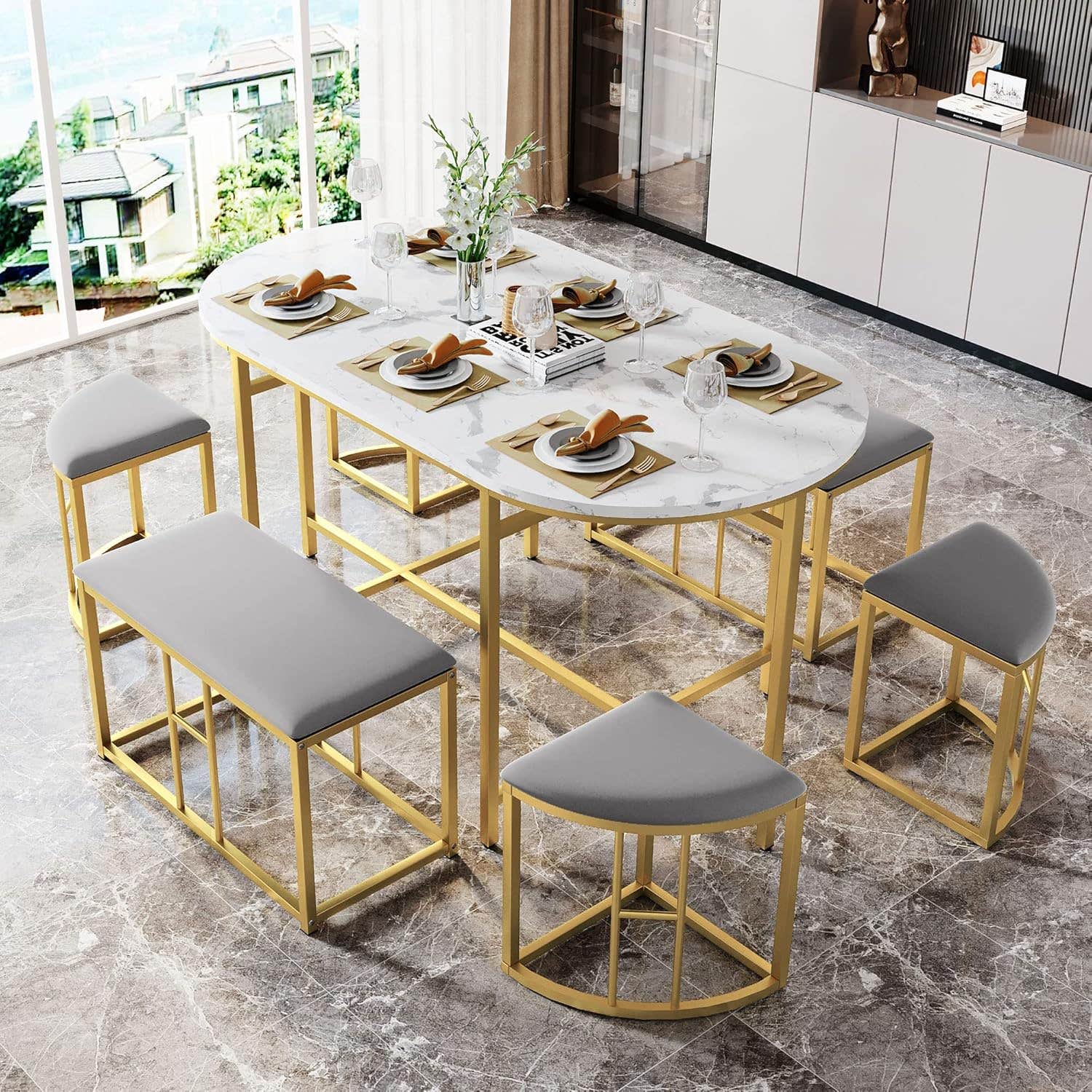 Moimhear Dining Set with Marble Effect Table Top, 6 Stools, Steel Frame - White and Gold