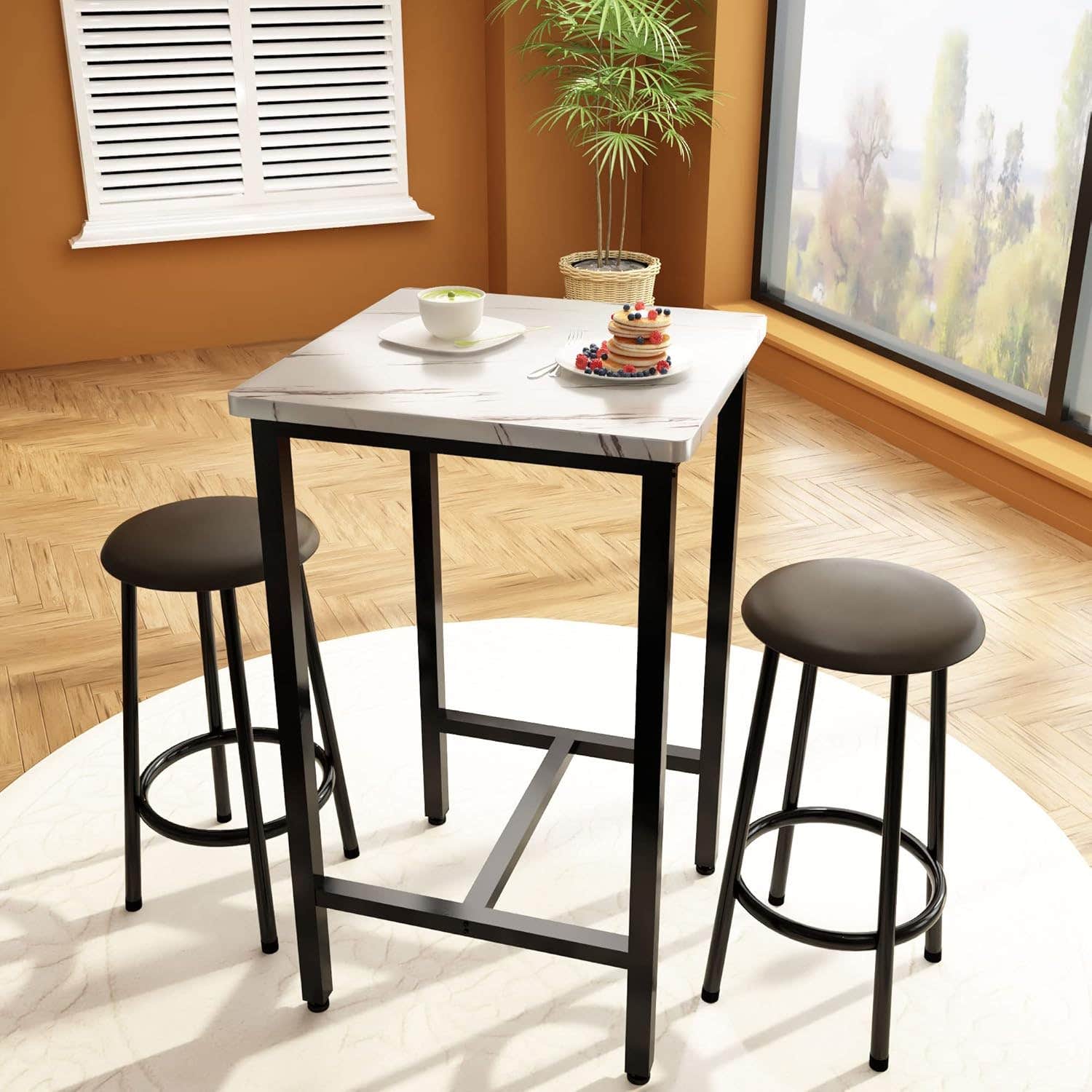 AWQM Square Bar Table Set for 2 - White Leather Stools