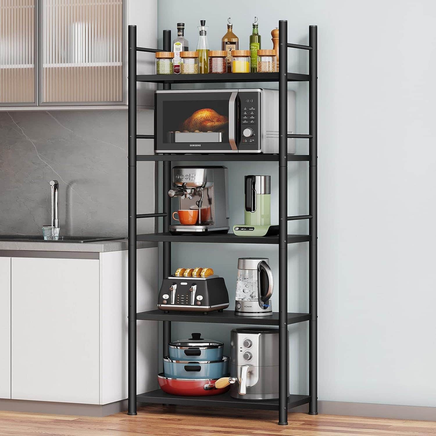 Denkee 5-Tier Freestanding Kitchen Baker's Rack with Rolling Wheels - Industrial Metal Microwave Oven Stand