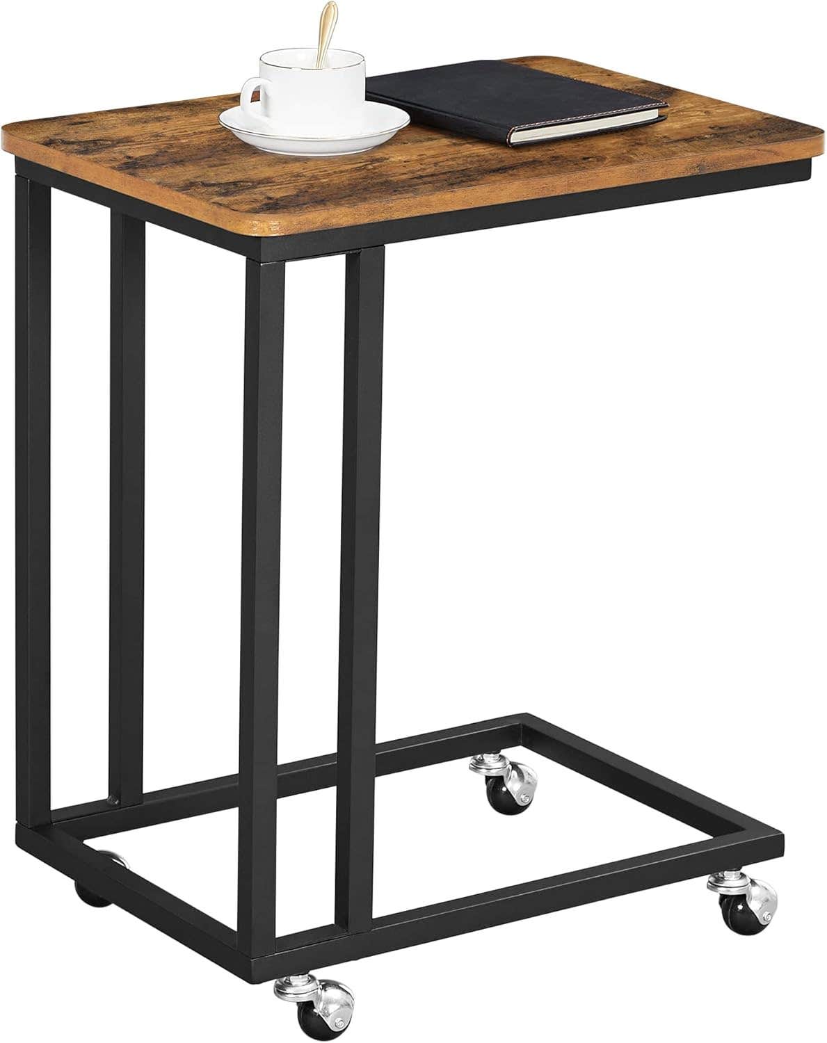 VASAGLE Industrial C-Shaped End Table with Wheels - Rustic Brown & Black