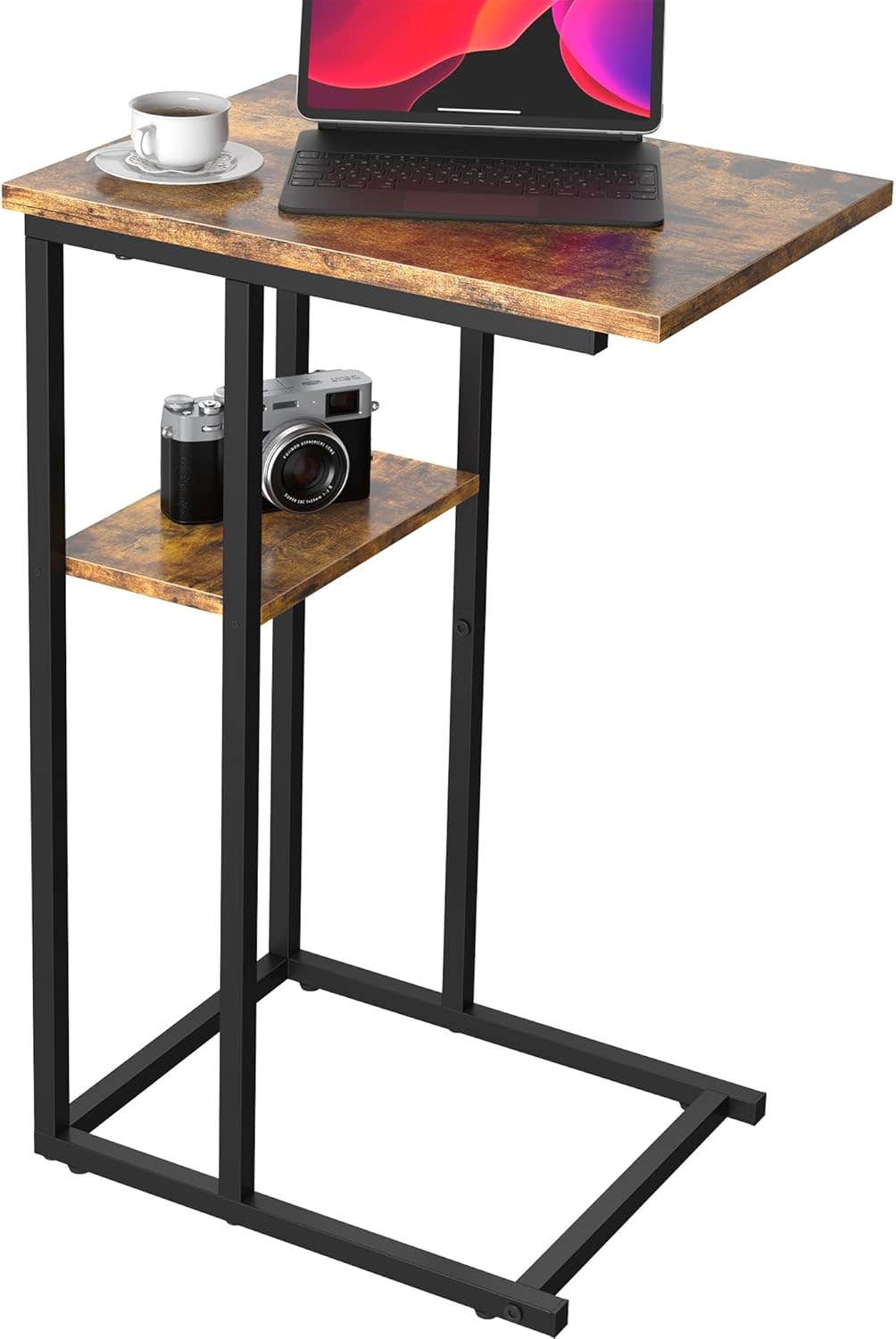 Yusong C-Shaped End Table for Small Spaces, Rustic Brown - Adjustable Height, Lightweight, Portable