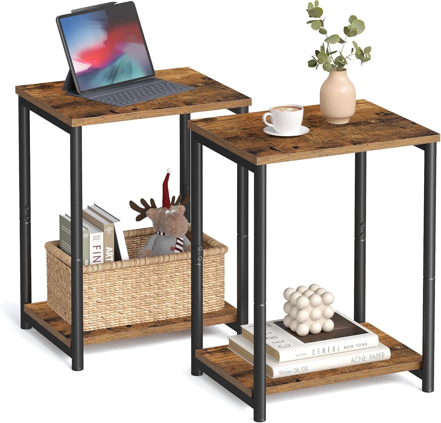 VASAGLE Industrial End Tables Set of 2 with Storage Shelf, Rustic Brown and Black