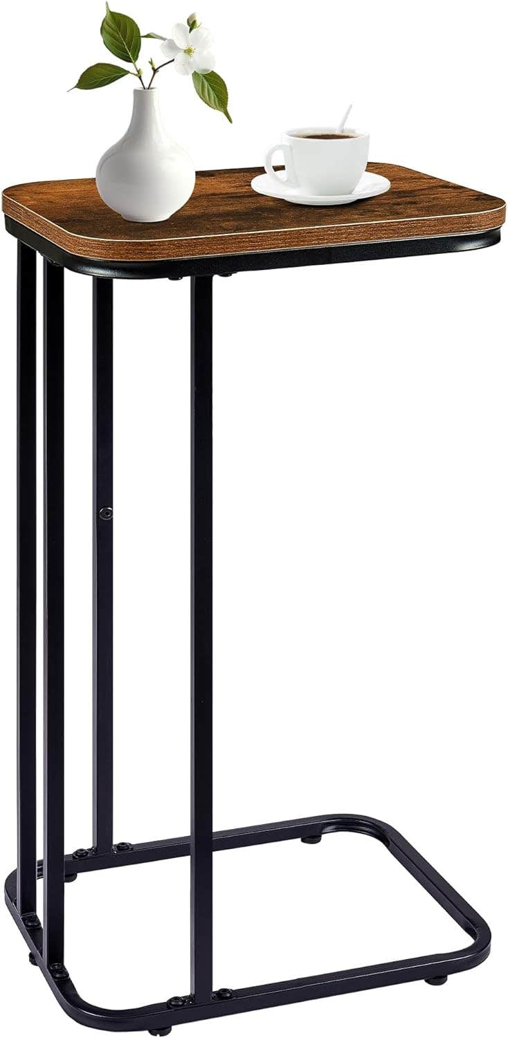 KJGKK C-Shaped End Table, Rustic Brown, Metal Frame, 27" Height