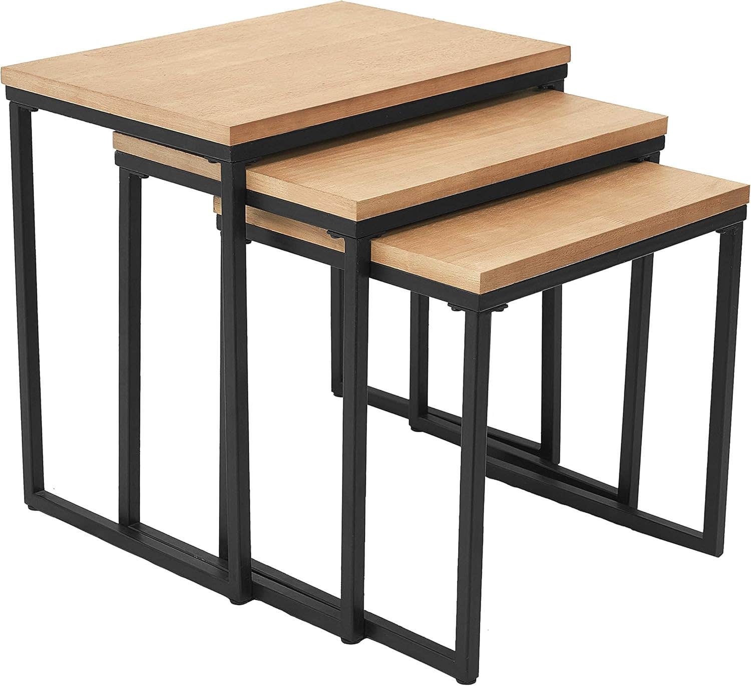 RiteSune Rustic Wood Nesting End Tables - Set of 3, C-Shaped Sofa Side Tables
