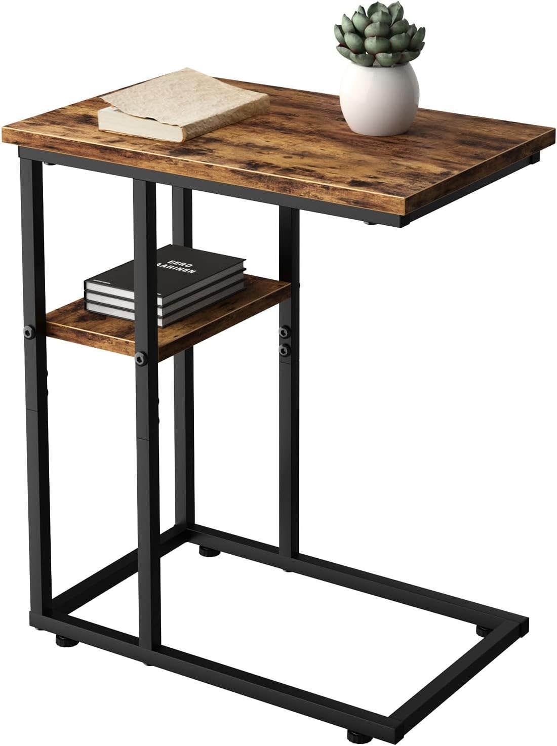 FYGUES 2-Tier C Shaped End Table with Storage, Rustic Brown