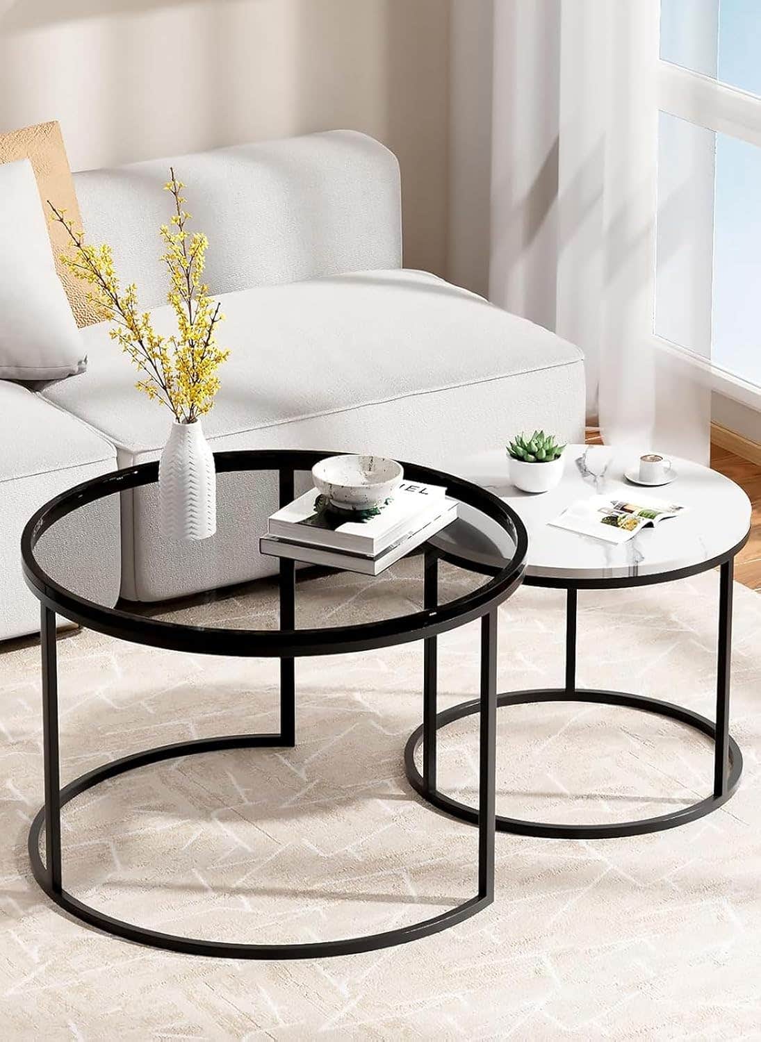 SHARPDO Round Nesting Coffee Tables Set, Transparent Rock Top, Black, Living Room Storage Tables