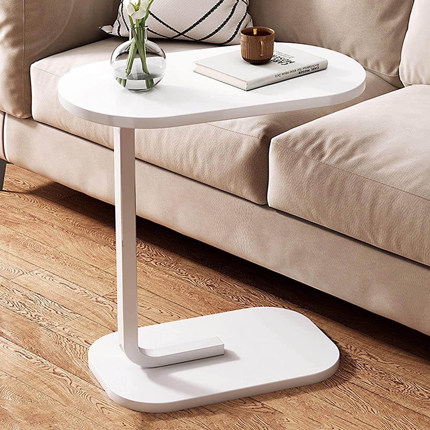 XIUWOO C Shaped Side Table Coffee Table End Table Under Sofa Living Room Table Snack Laptop Holder Stable Metal Frame for Bedroom Office Sofa Bed Side Table Easy to assemble (WHITE)