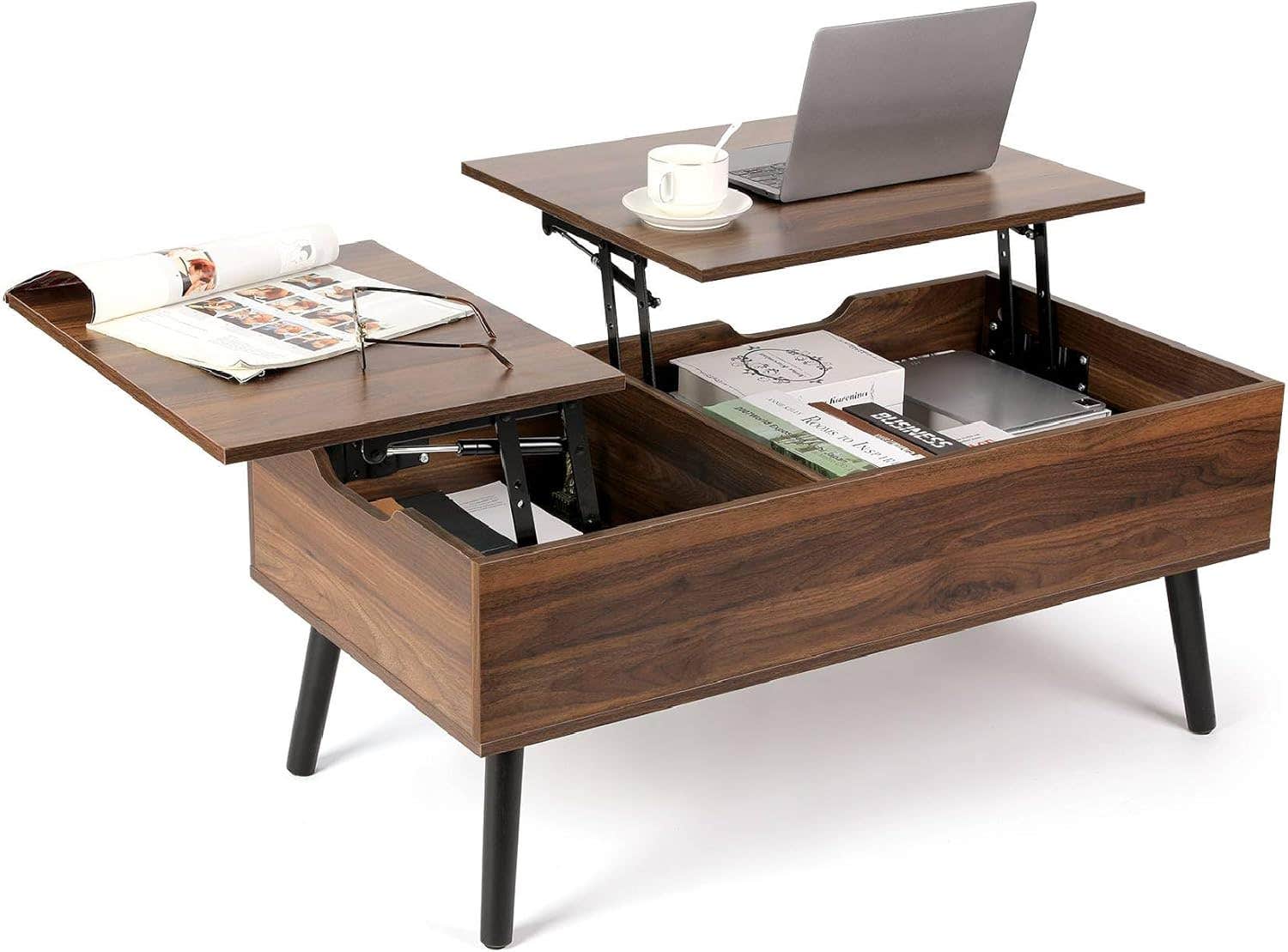 VOWNER Coffee Table, Height-Adjustable Coffee Table, Extendible Retractable Coffee Table, Separate Hidden Storage Compartment, Double Lifting Plate, Living Room Table, Walnut Colour