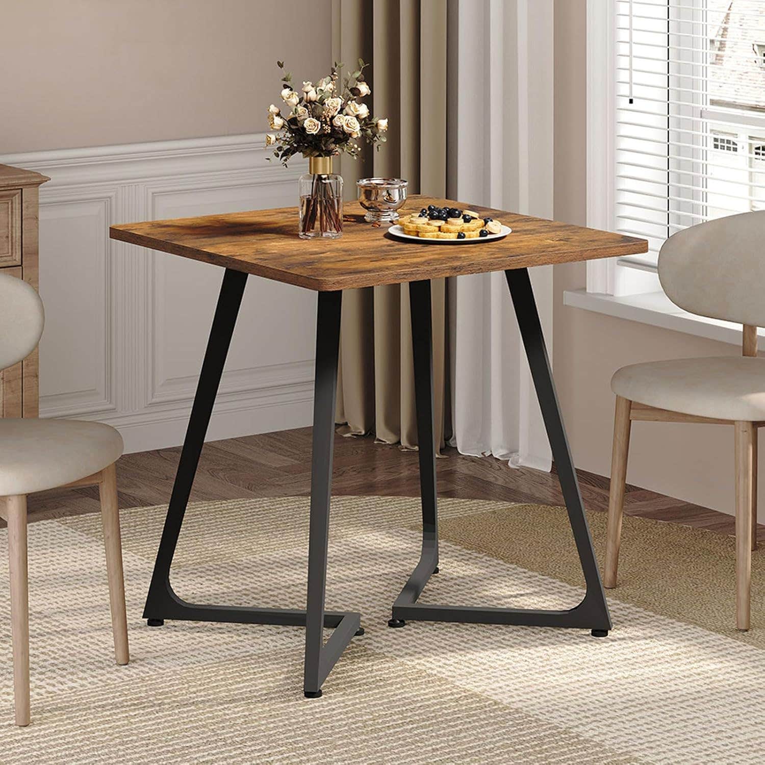SANYOUNG 29.5" Small Square Dining Table for 2 - Rustic Brown Wood Legs