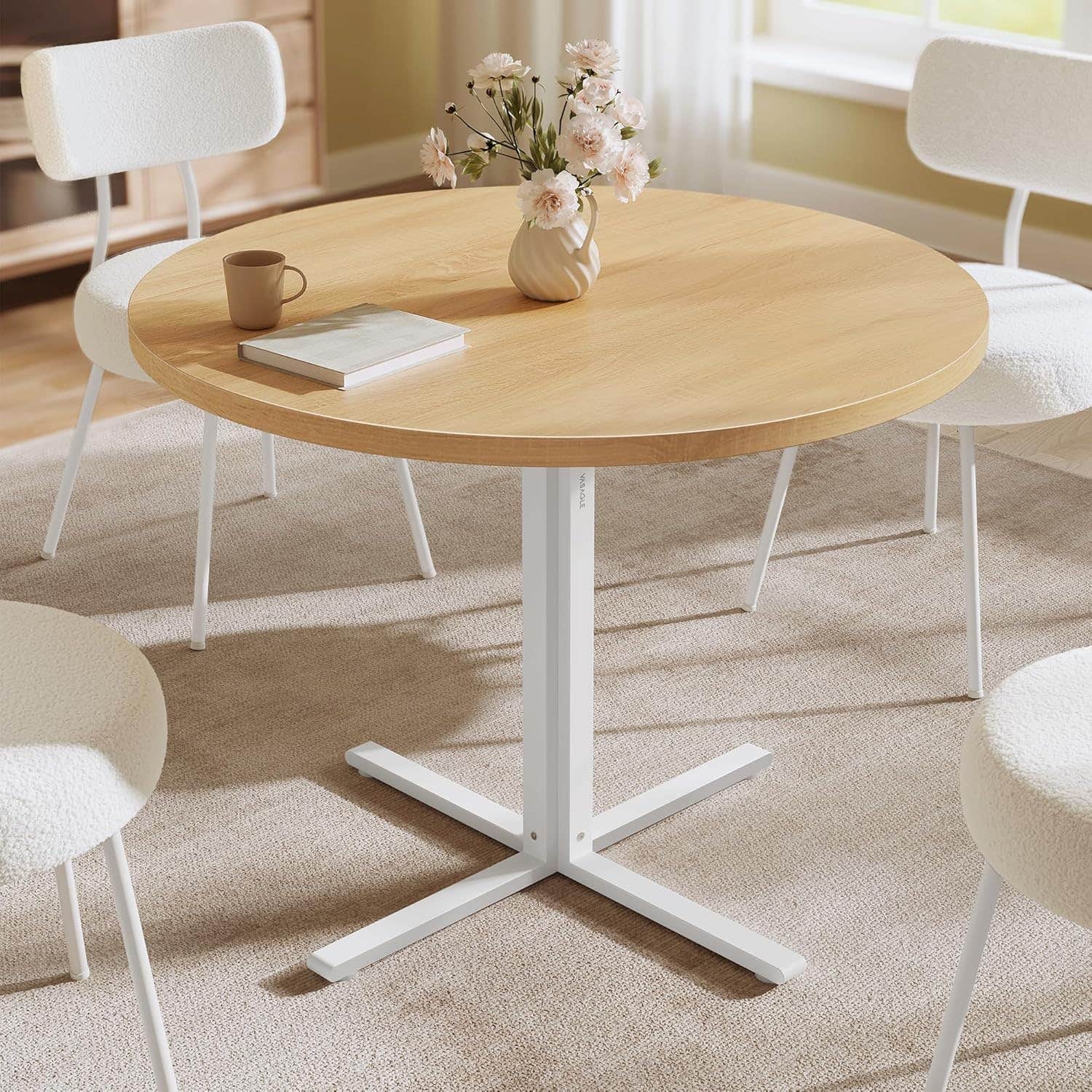 VASAGLE Modern Farmhouse Dining Table, Oka Beige, Seats 4, Water-Resistant, 31.5" Diameter