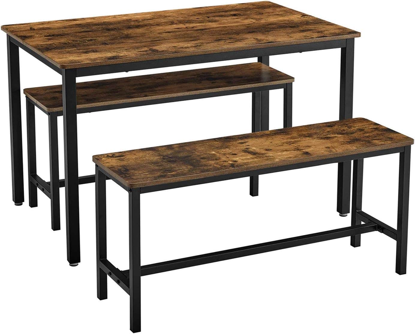 VASAGLE Industrial Dining Table Set with 2 Benches, Rustic Brown and Black, 3-Piece - 110 x 70 cm
