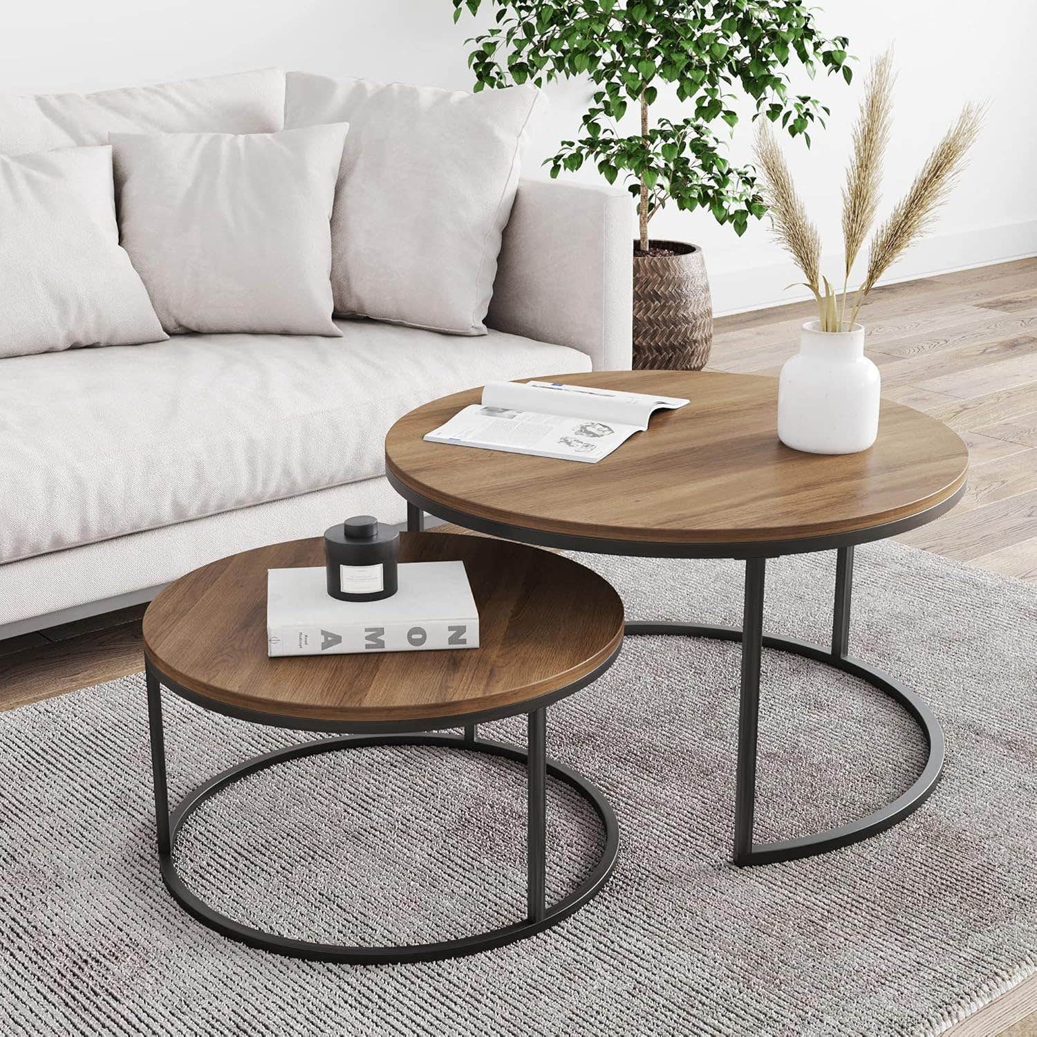 Nathan James Stella Round Nesting Coffee Tables, Reclaimed Oak/Gunmetal, Set of 2