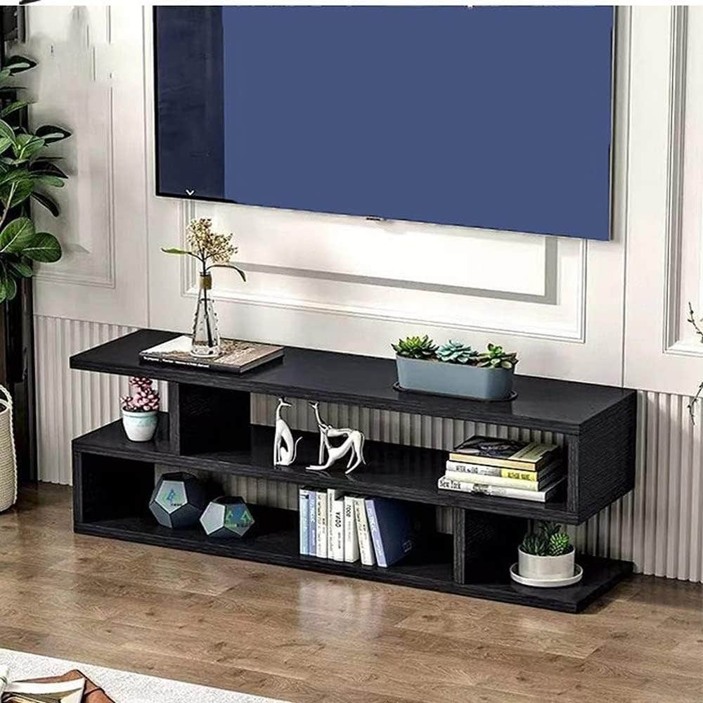 Kutis Modern Black Wood TV Table with Storage Shelves - Stylish Entertainment Center
